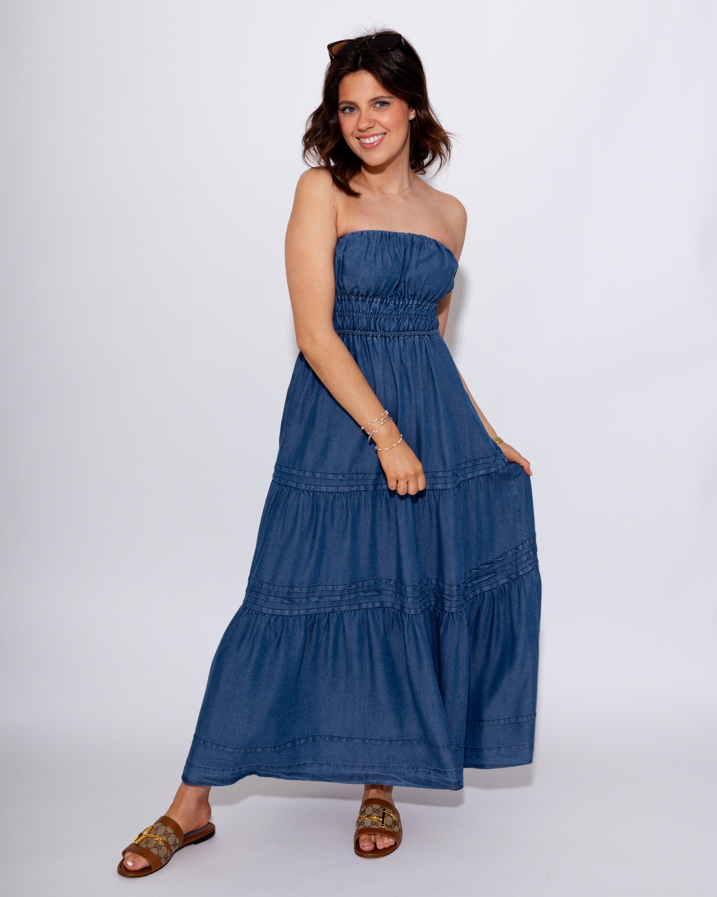 Strapless Denim Midi Dress
