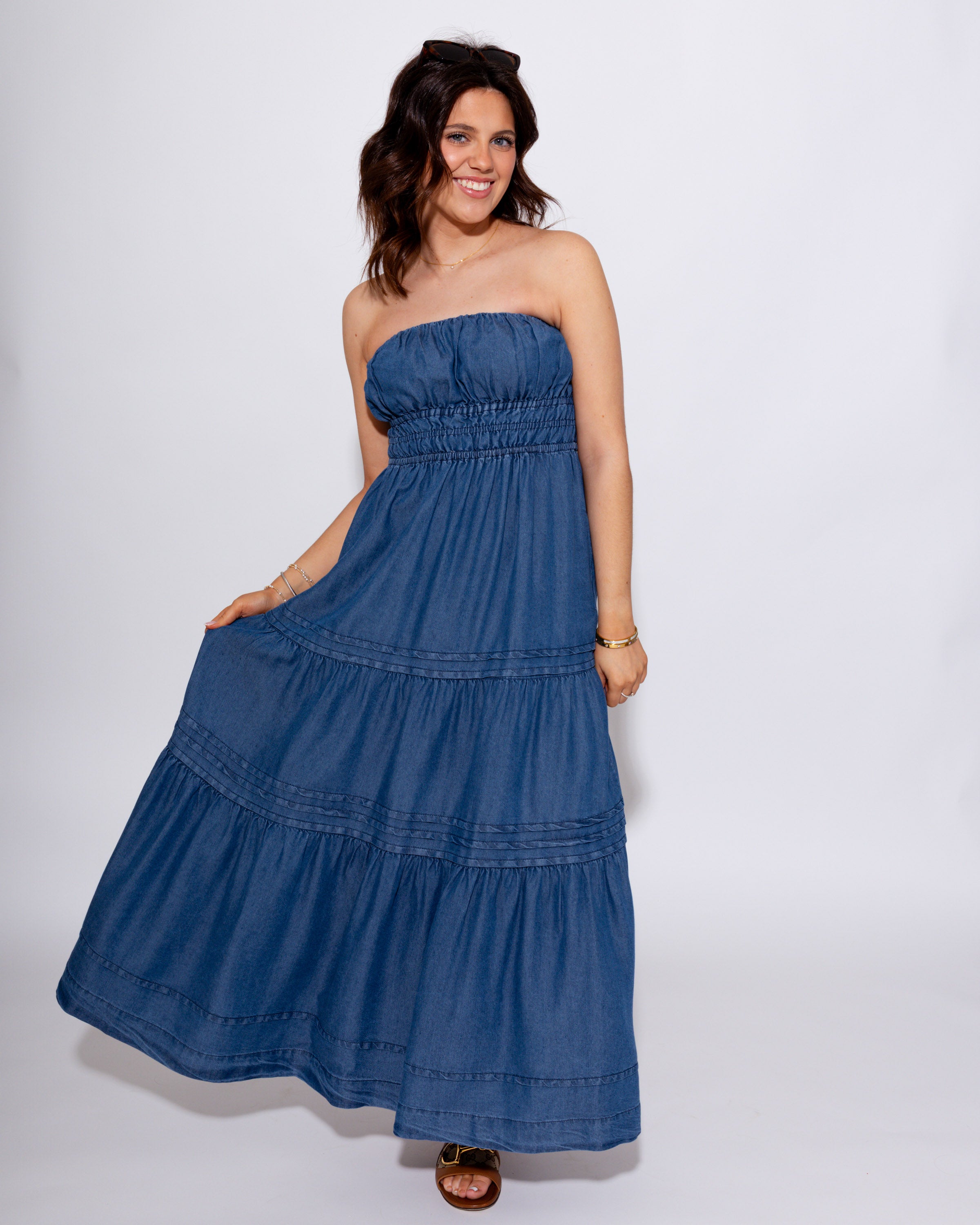 Strapless Denim Midi Dress