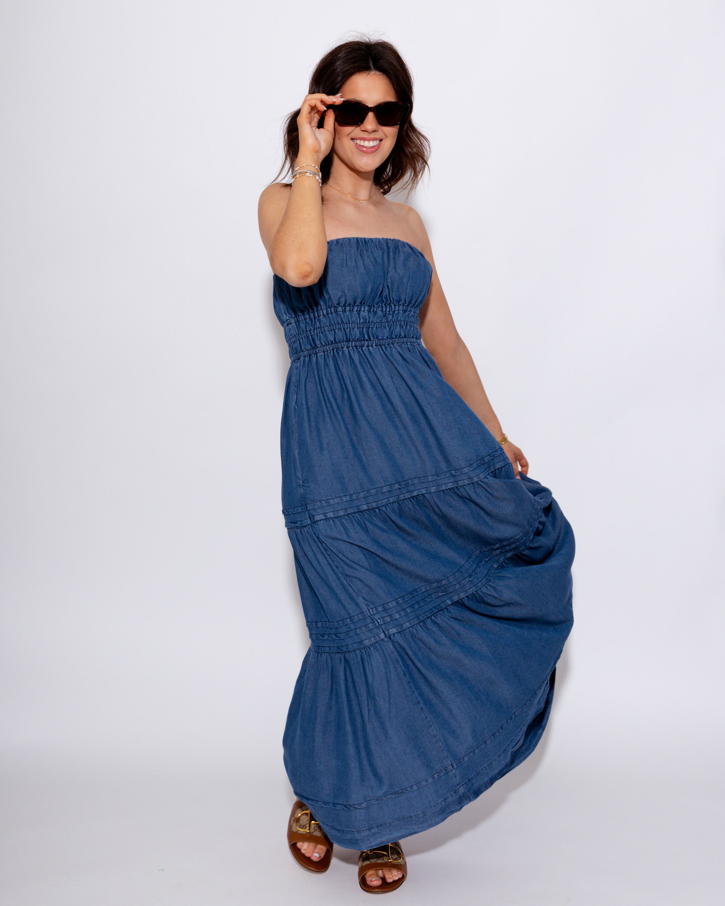 Strapless Denim Midi Dress