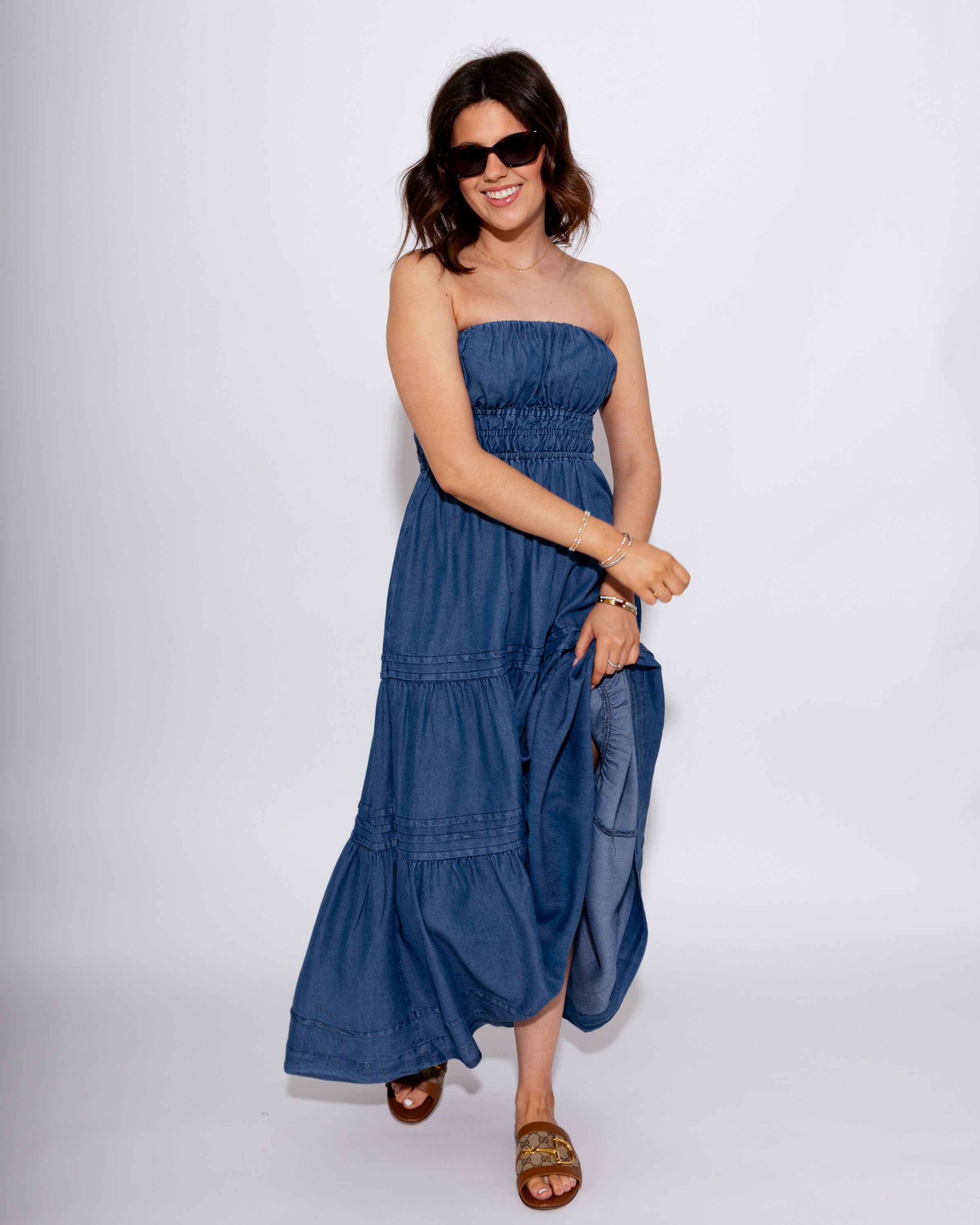 Strapless Denim Midi Dress