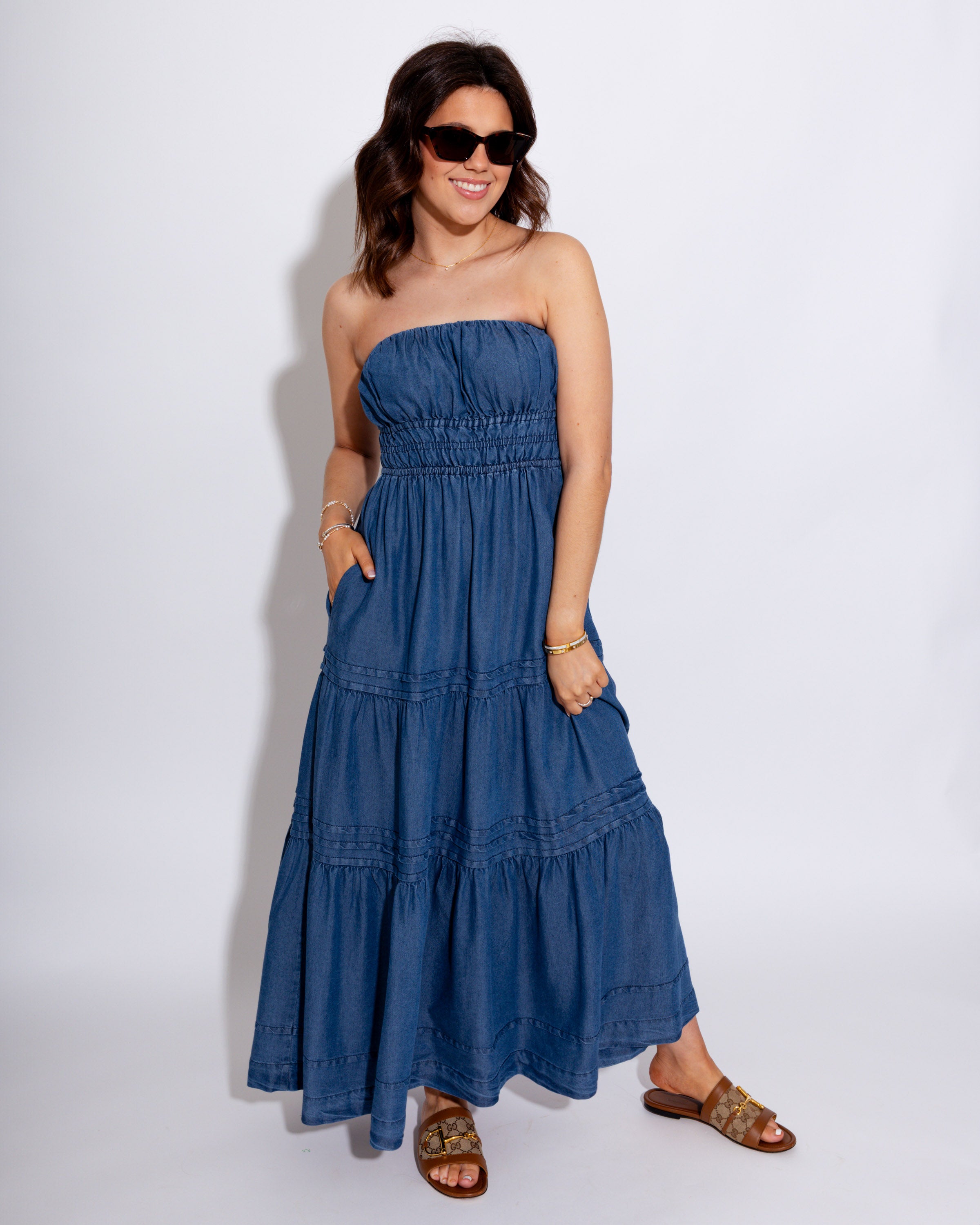 Strapless Denim Midi Dress