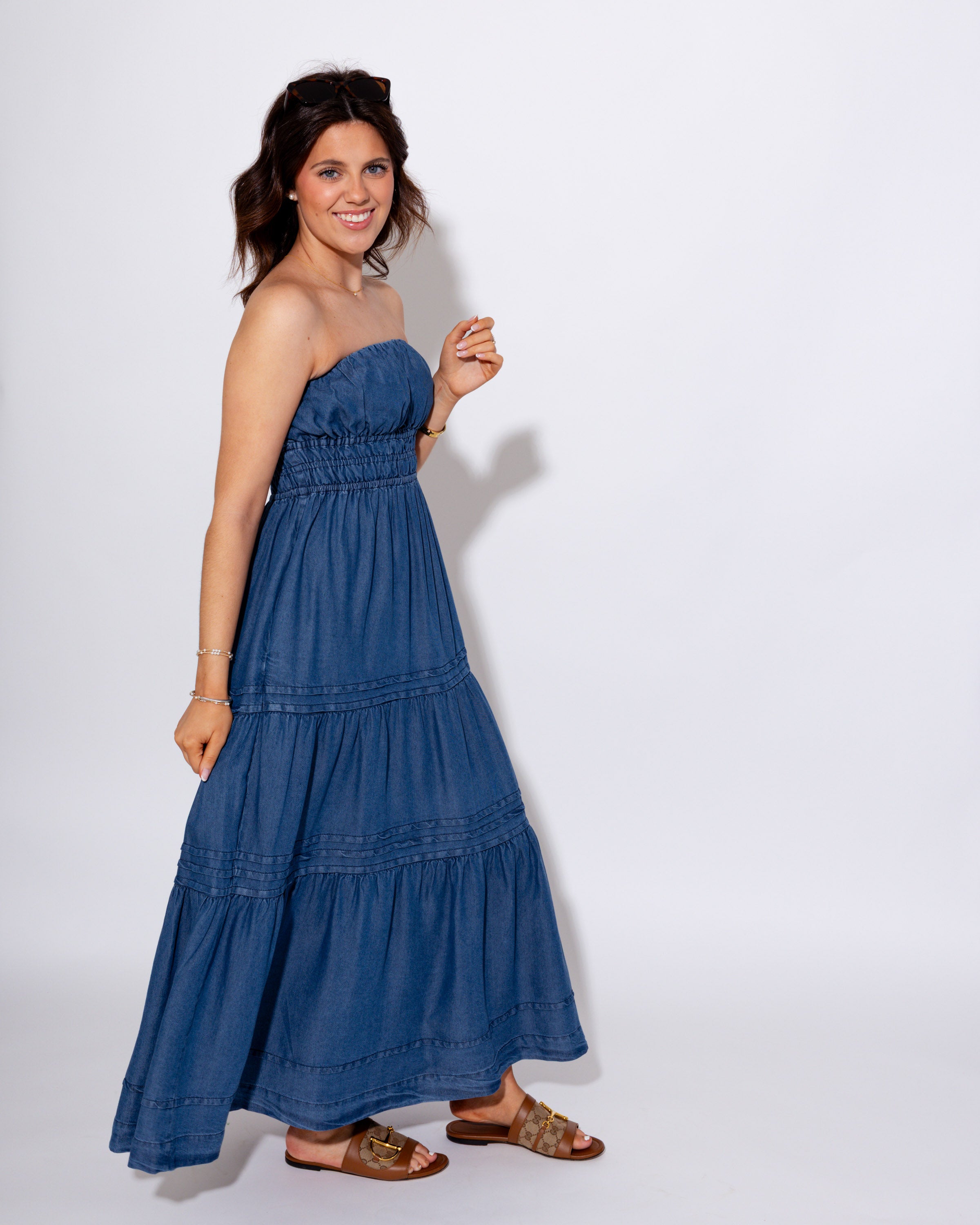 Strapless Denim Midi Dress