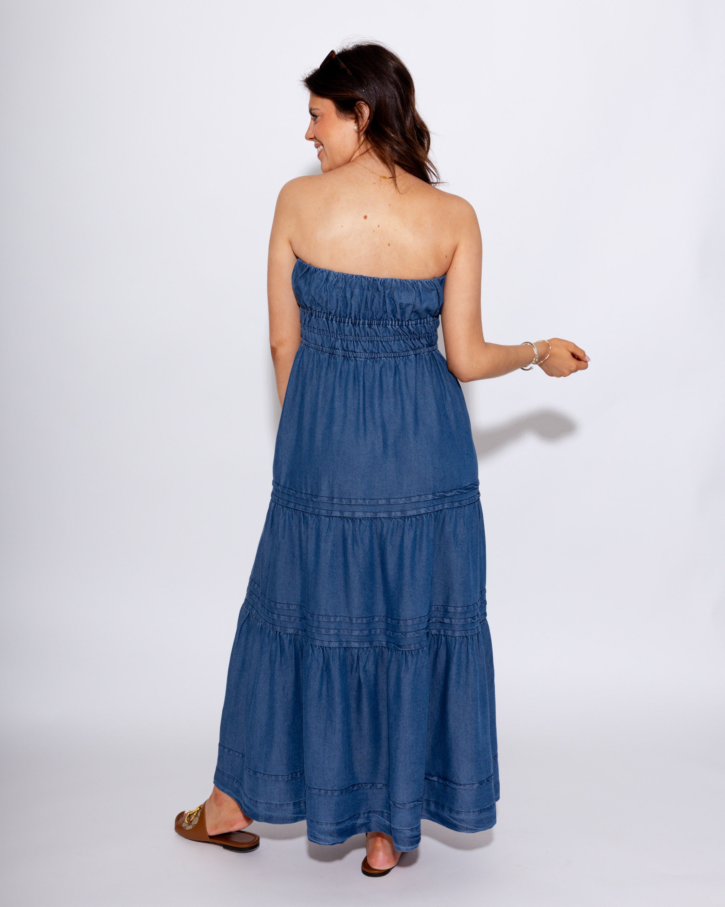 Strapless Denim Midi Dress