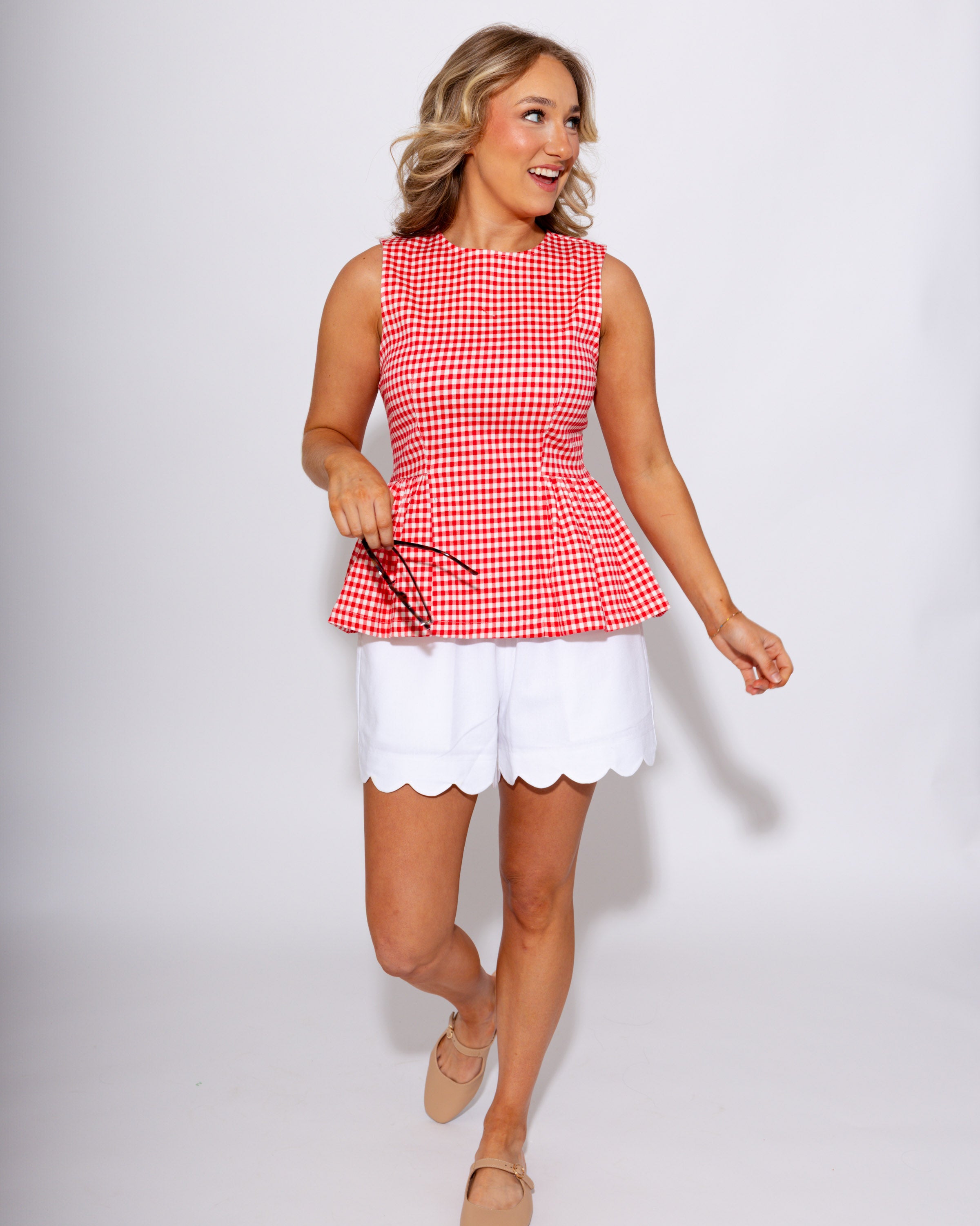 Gingham Sleeveless Peplum Top in Red