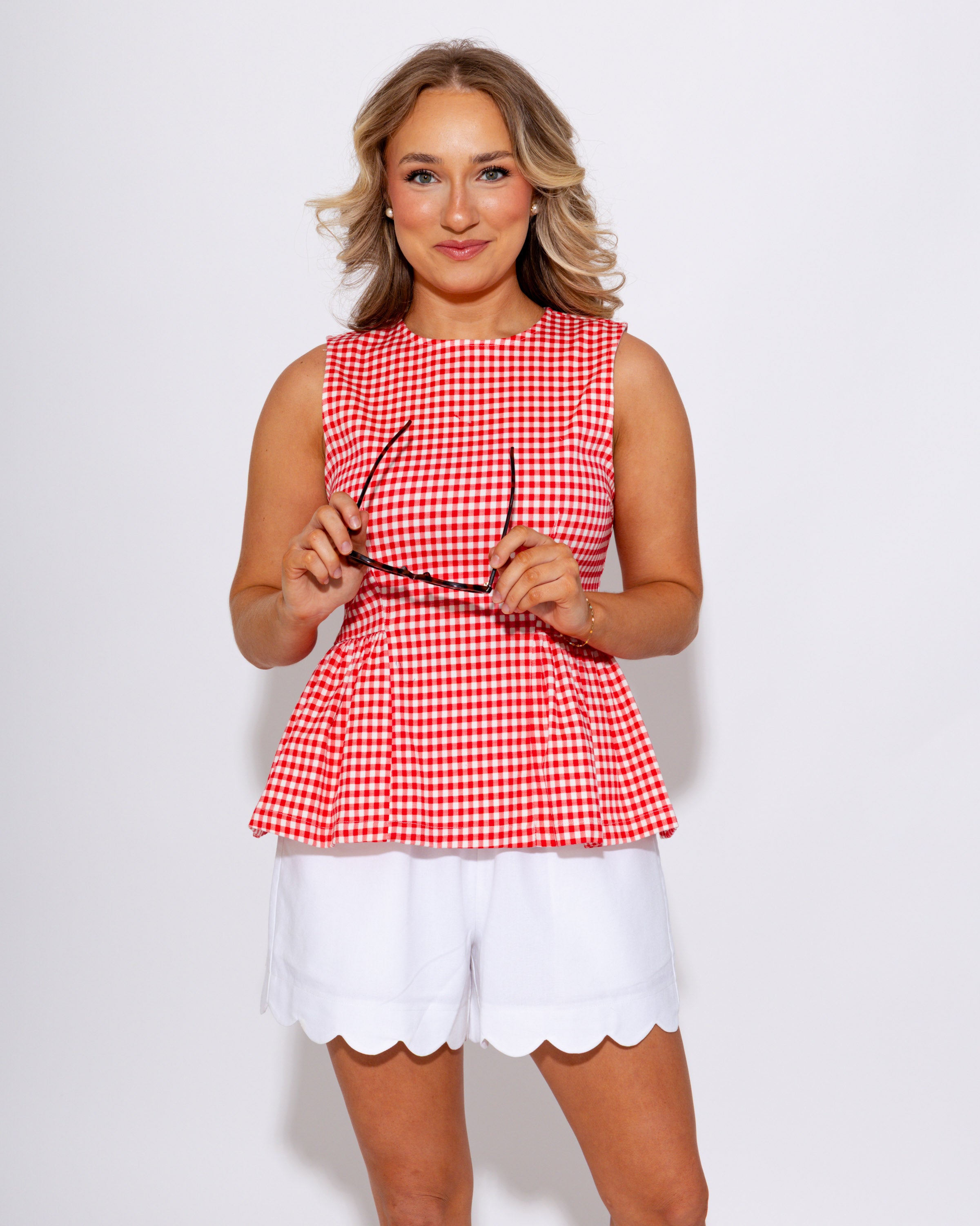 Gingham Sleeveless Peplum Top in Red