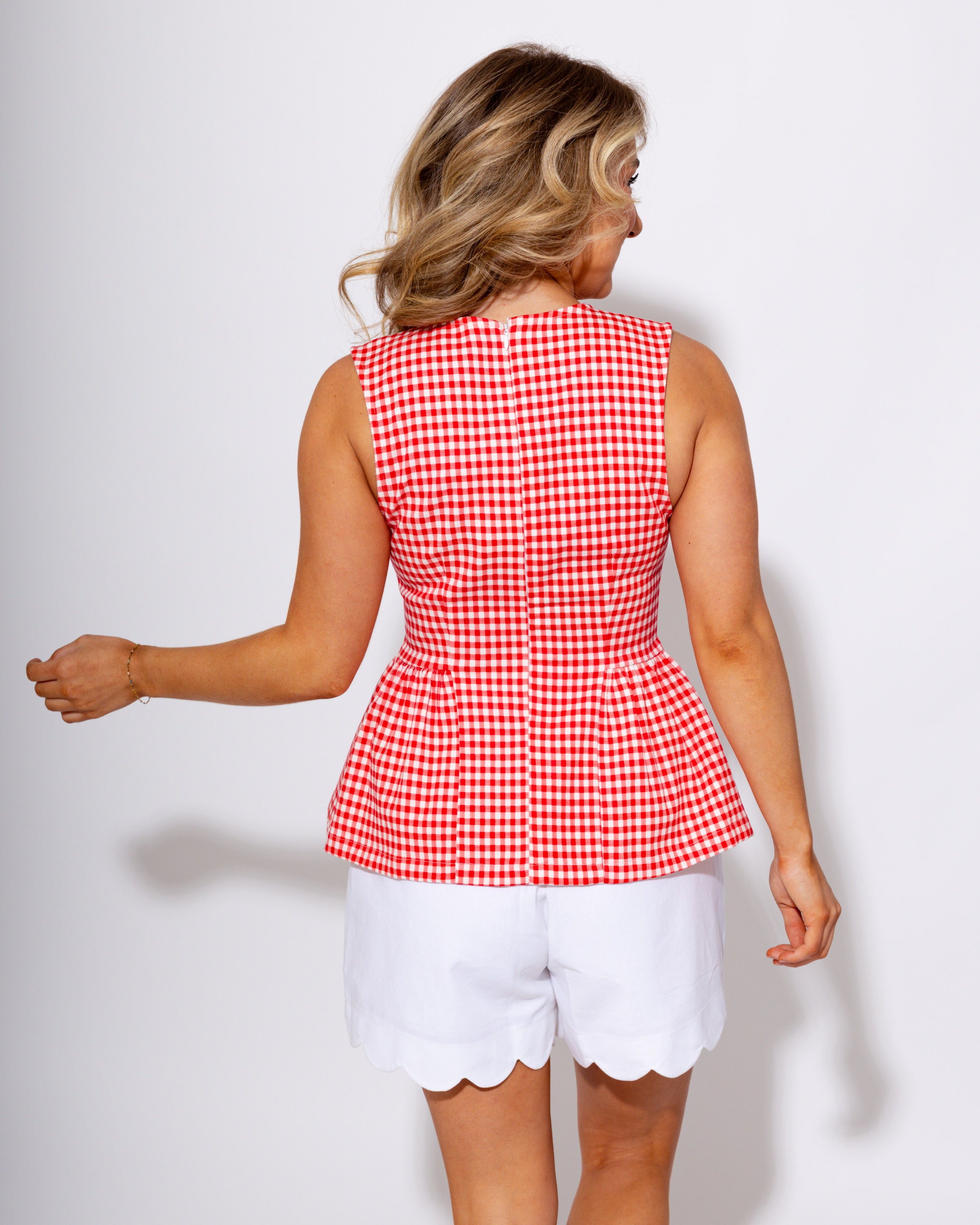 Gingham Sleeveless Peplum Top in Red