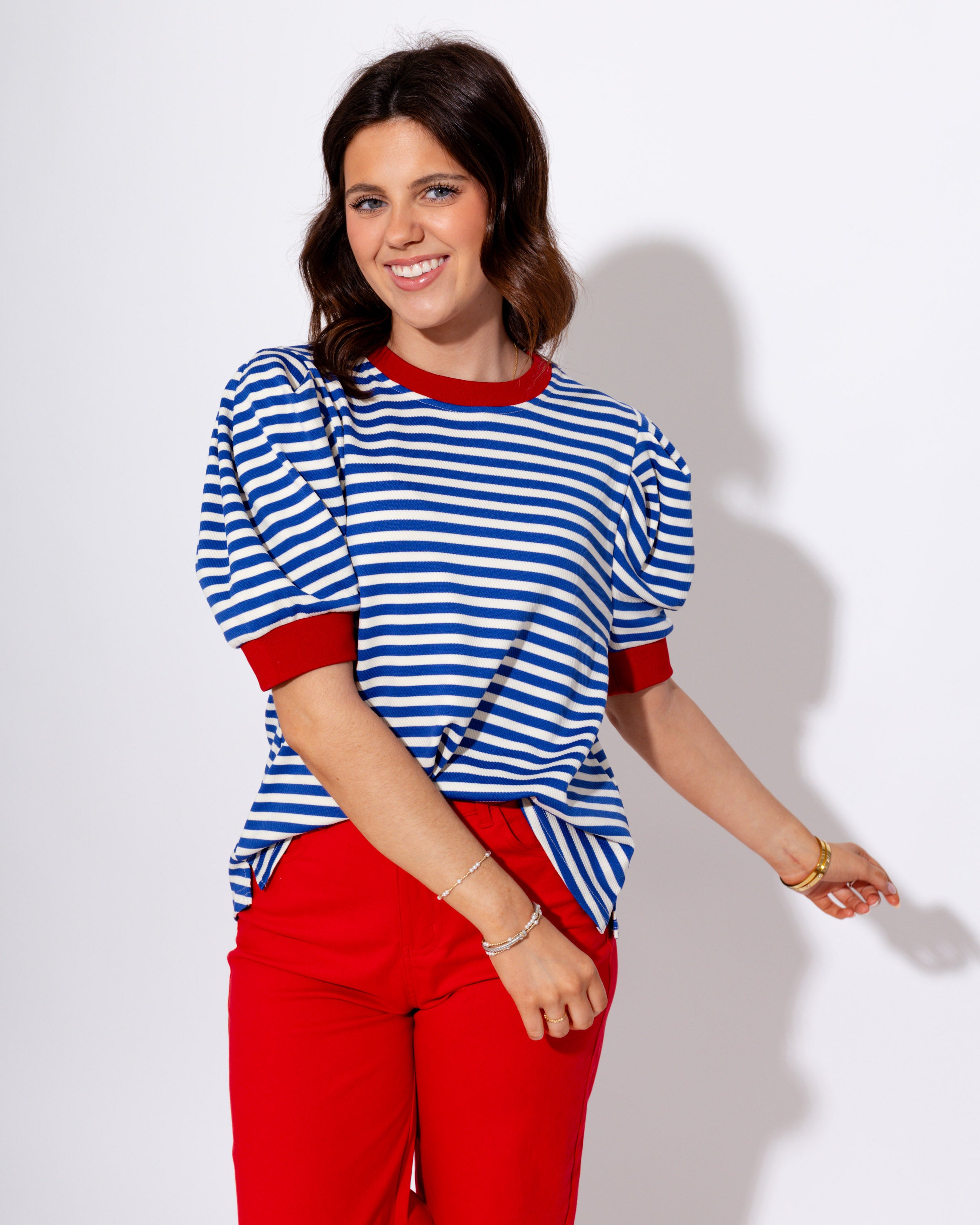Striped Puff Sleeve Contrast Trim Top