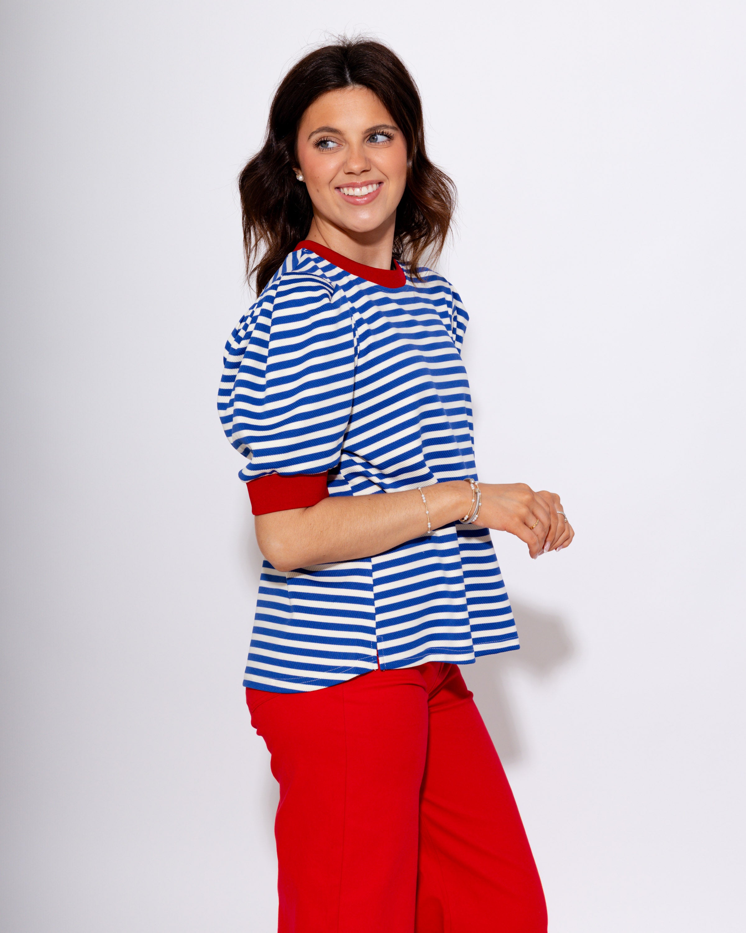 Striped Puff Sleeve Contrast Trim Top