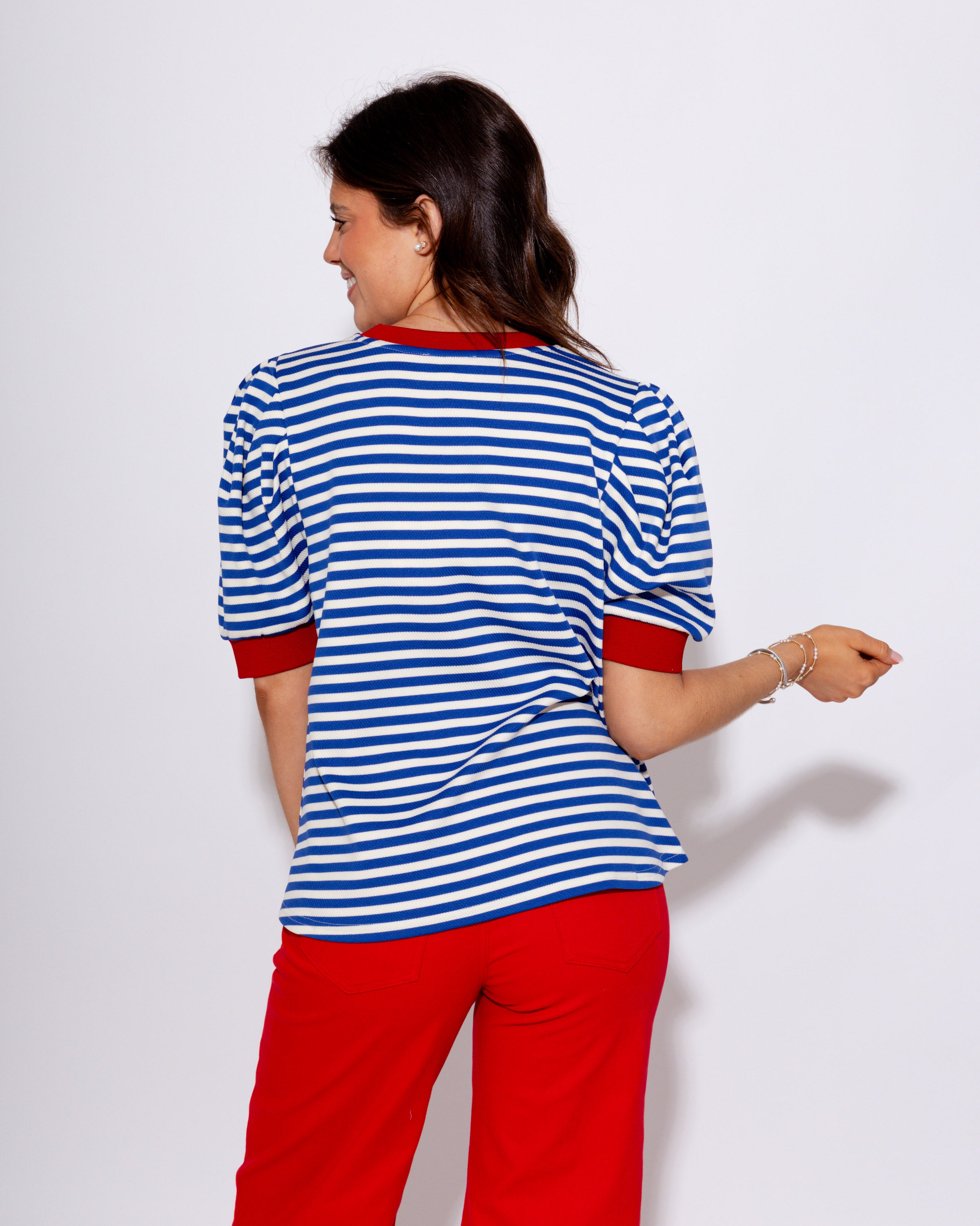 Striped Puff Sleeve Contrast Trim Top