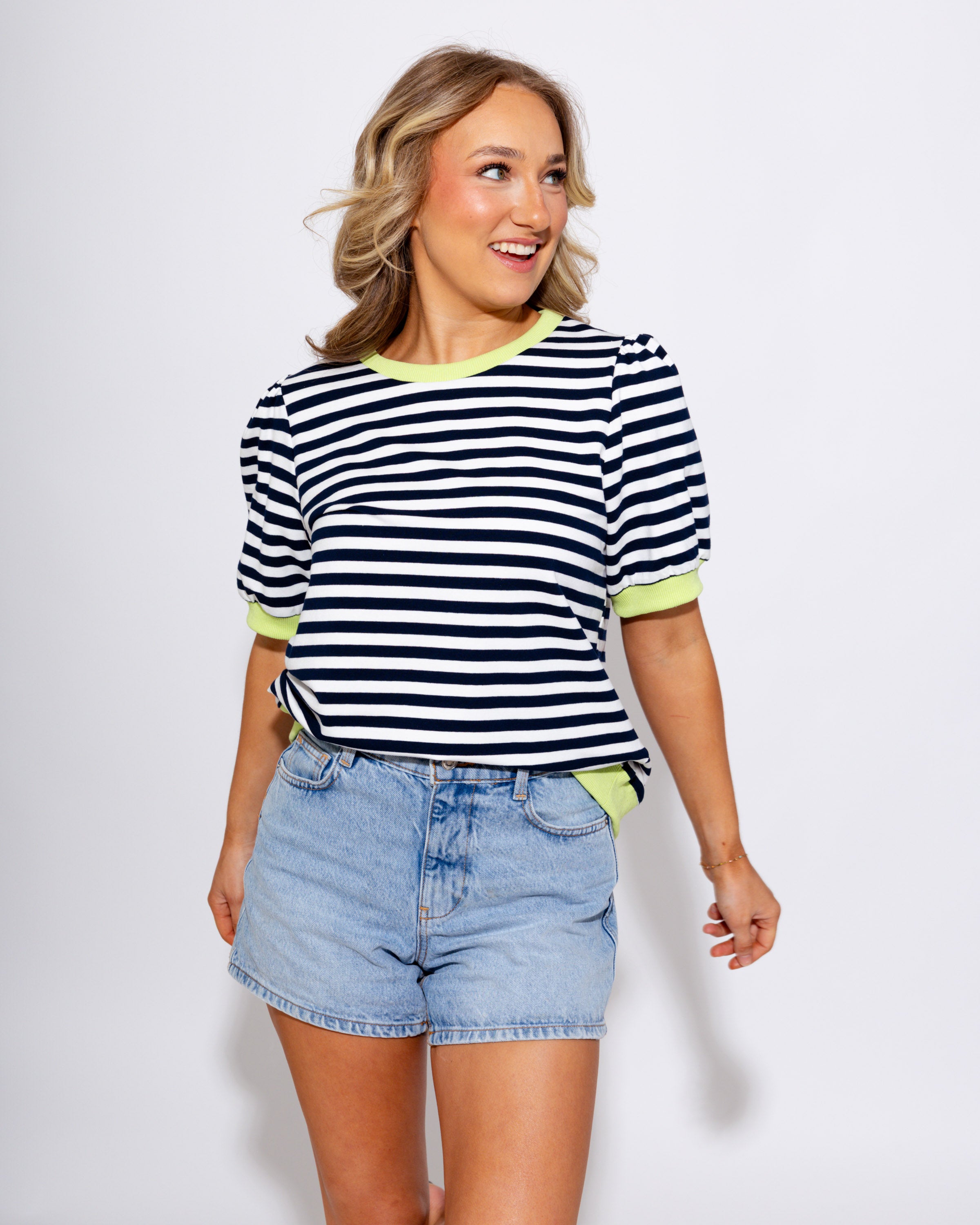 Contrast Stripe Puff Sleeve Top