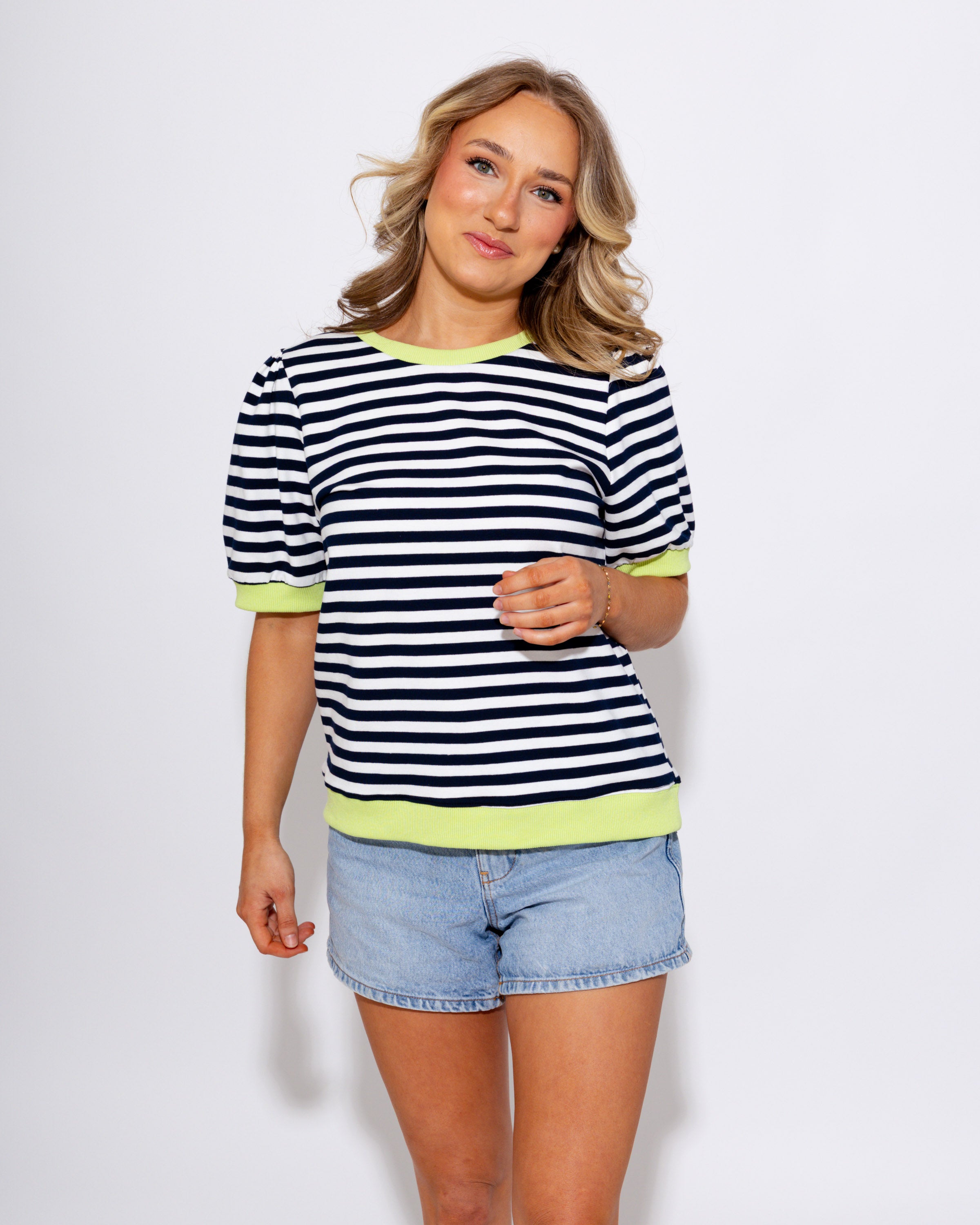Contrast Stripe Puff Sleeve Top