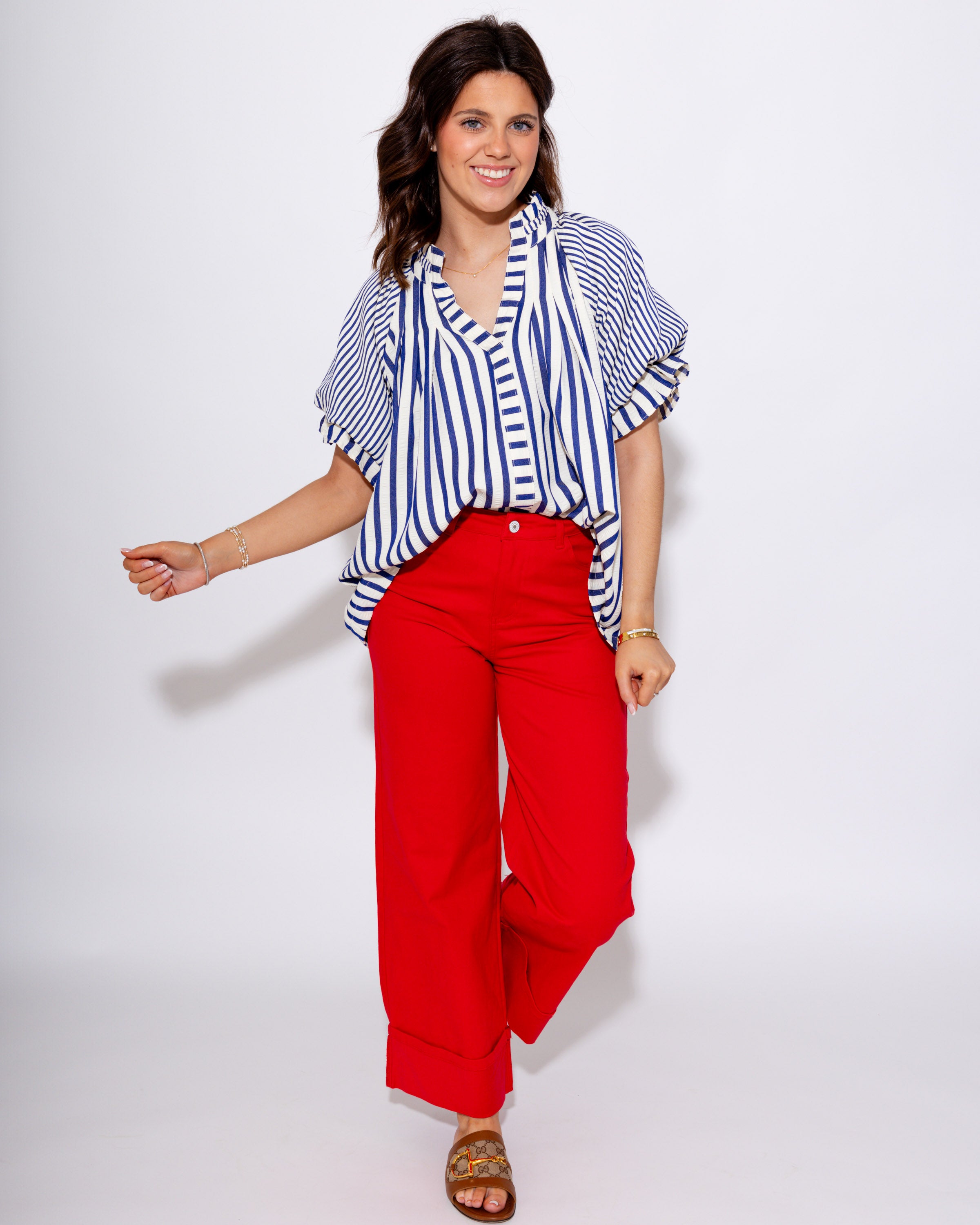 Striped V-Neck Puff Sleeve Top