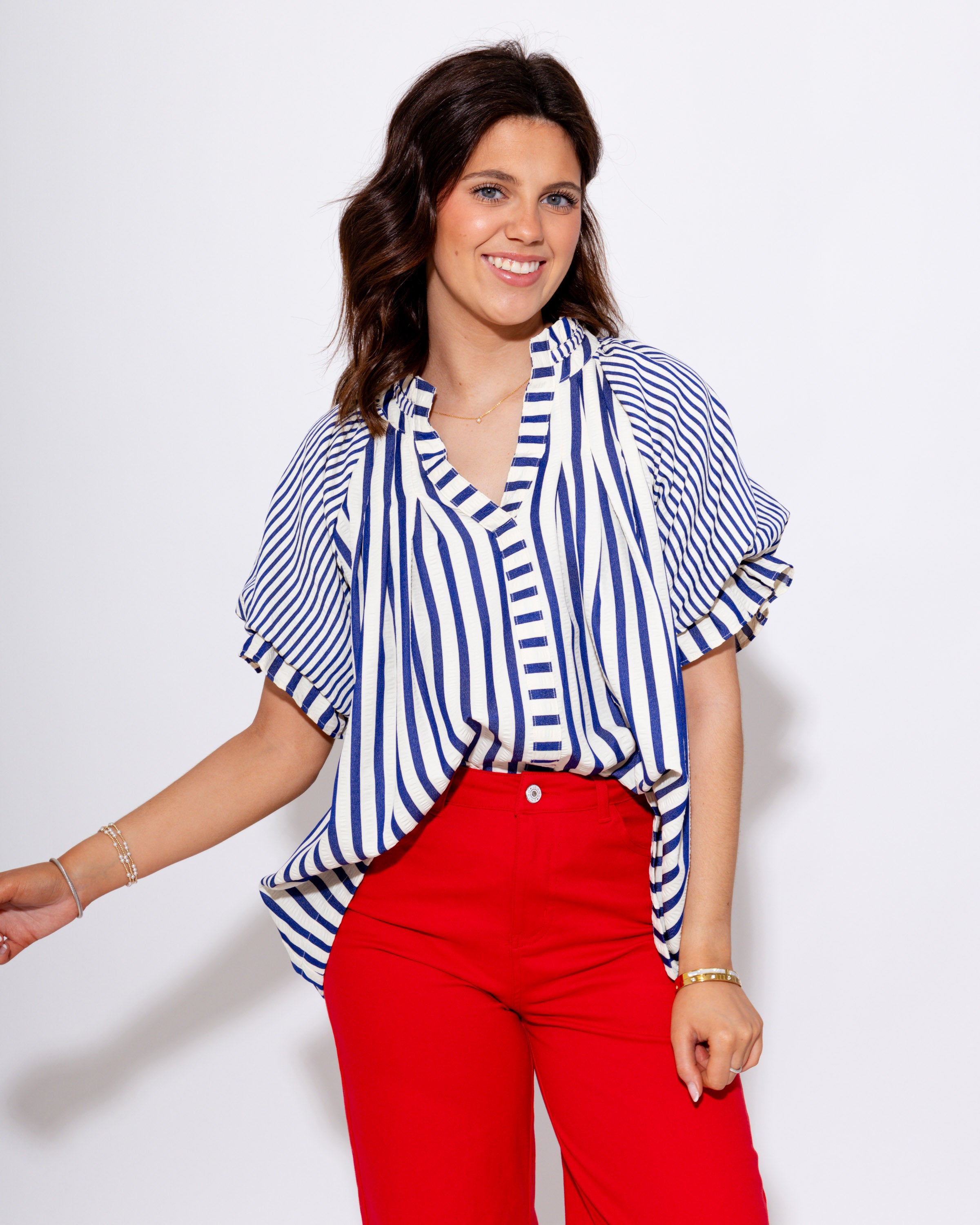Striped V-Neck Puff Sleeve Top