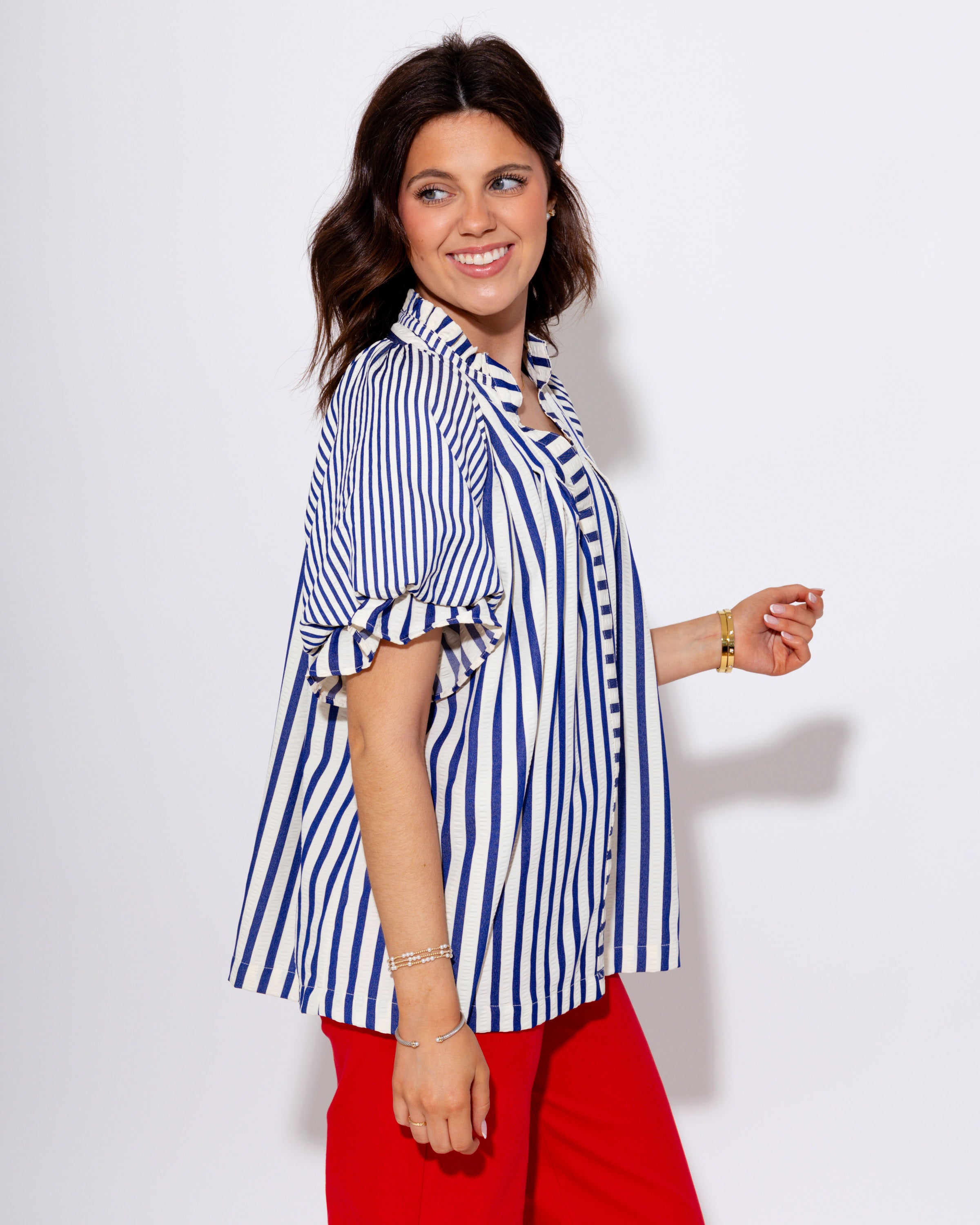 Striped V-Neck Puff Sleeve Top