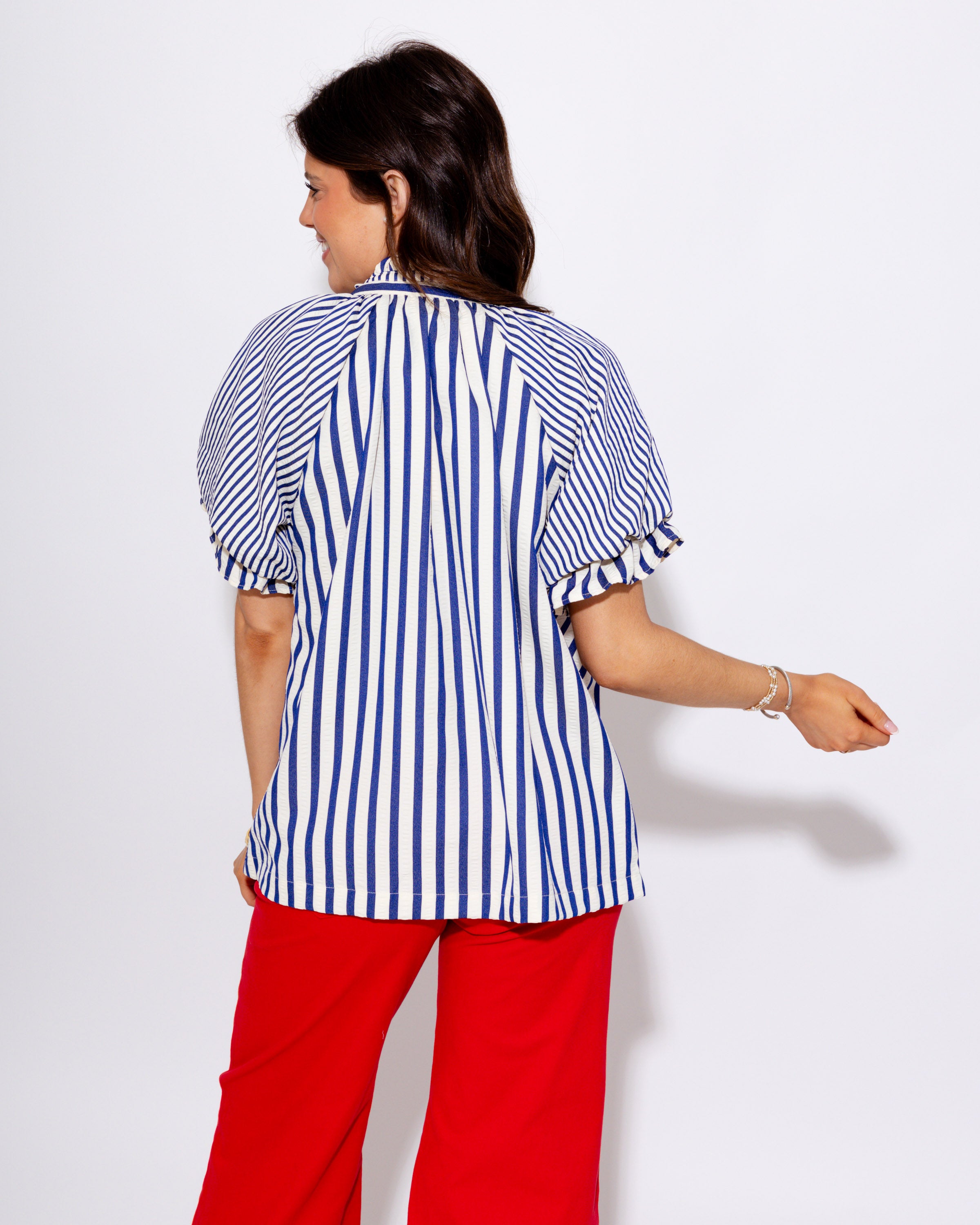 Striped V-Neck Puff Sleeve Top