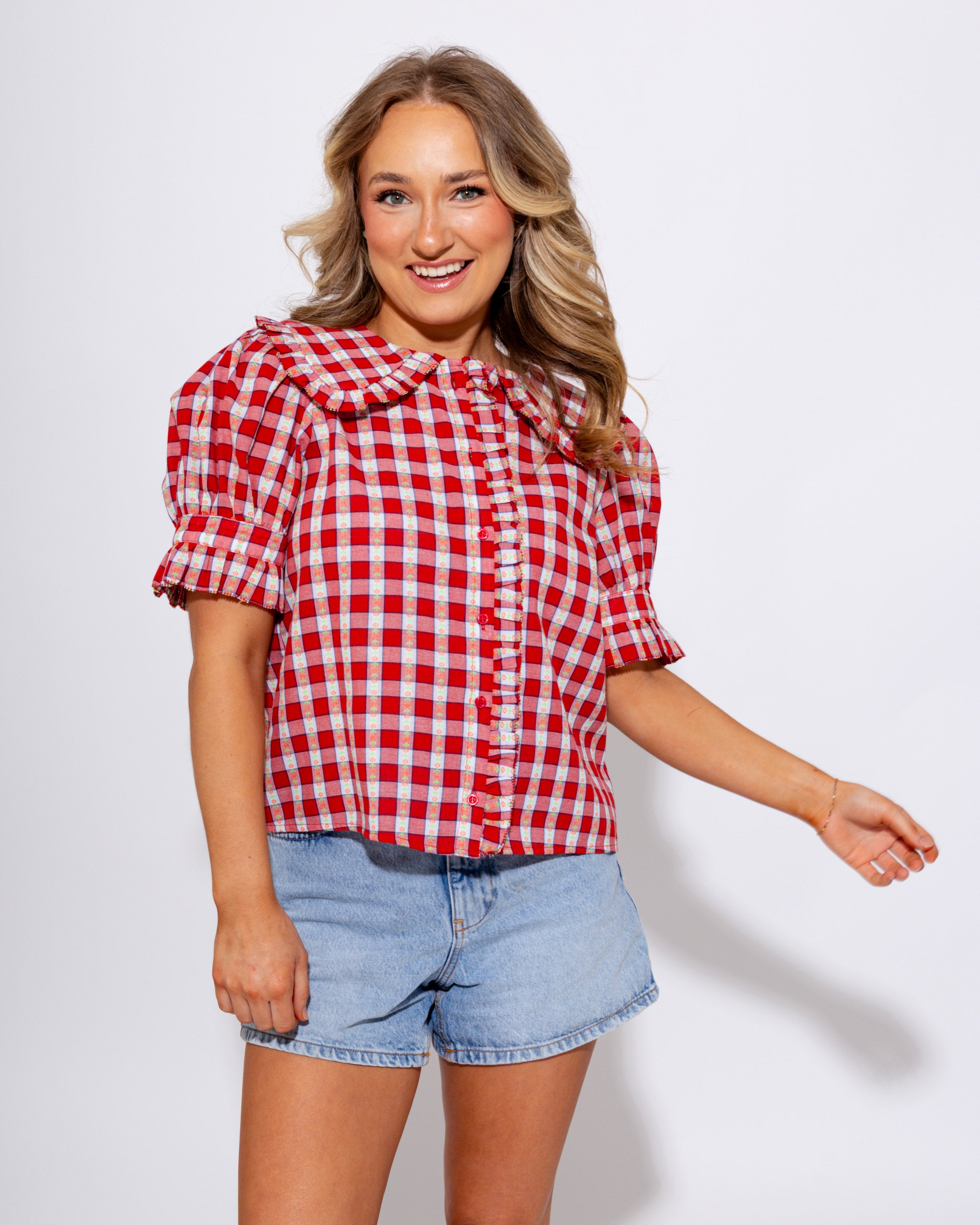 Embroidered Gingham Ruffle Collar Top