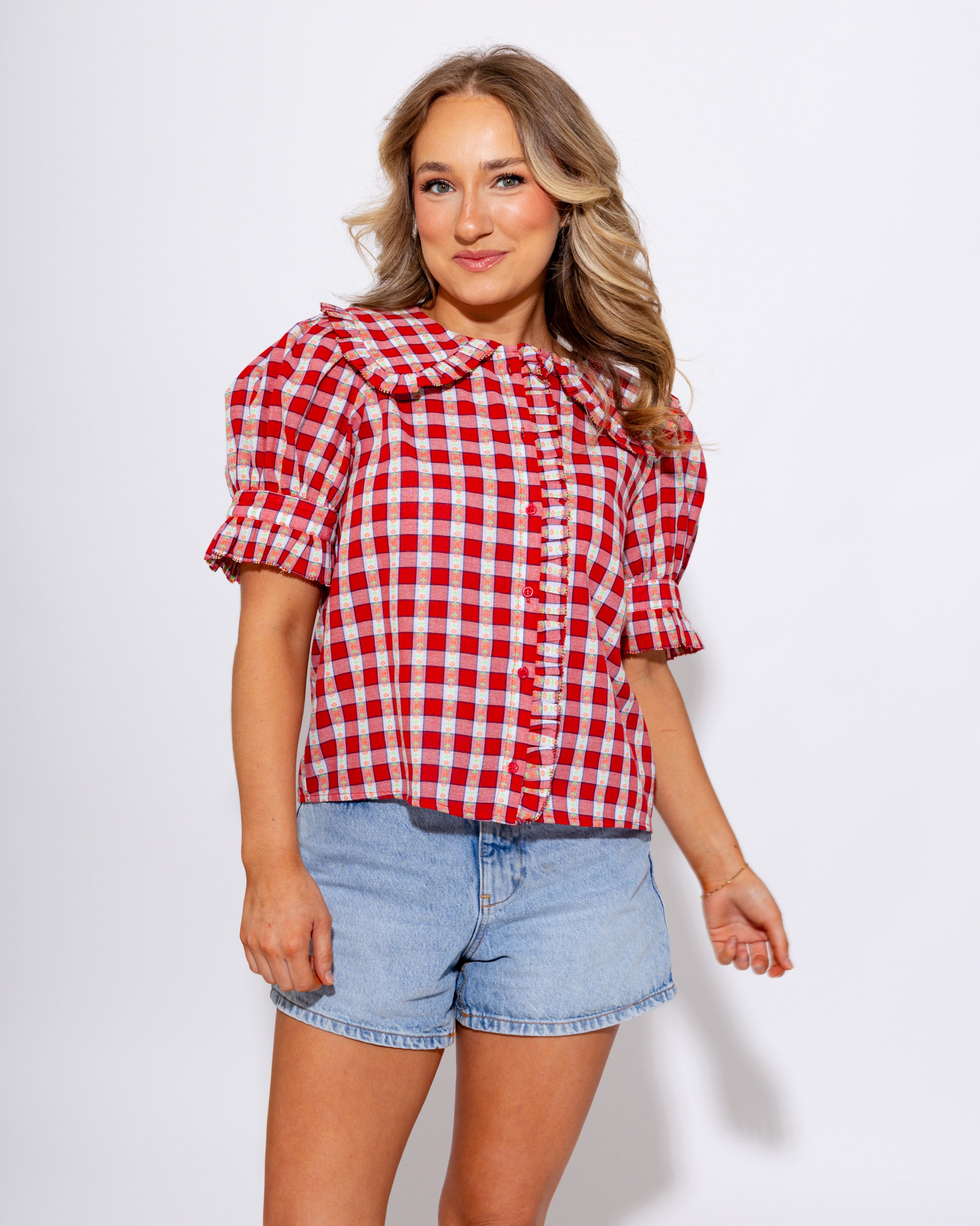 Embroidered Gingham Ruffle Collar Top