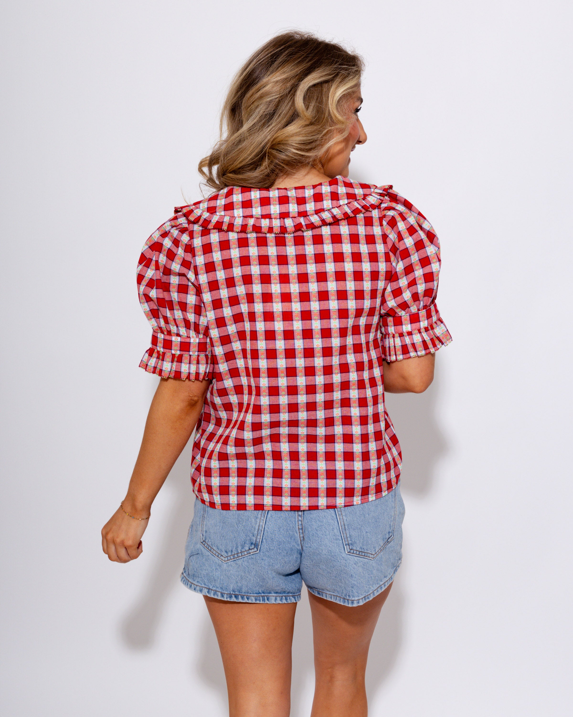 Embroidered Gingham Ruffle Collar Top