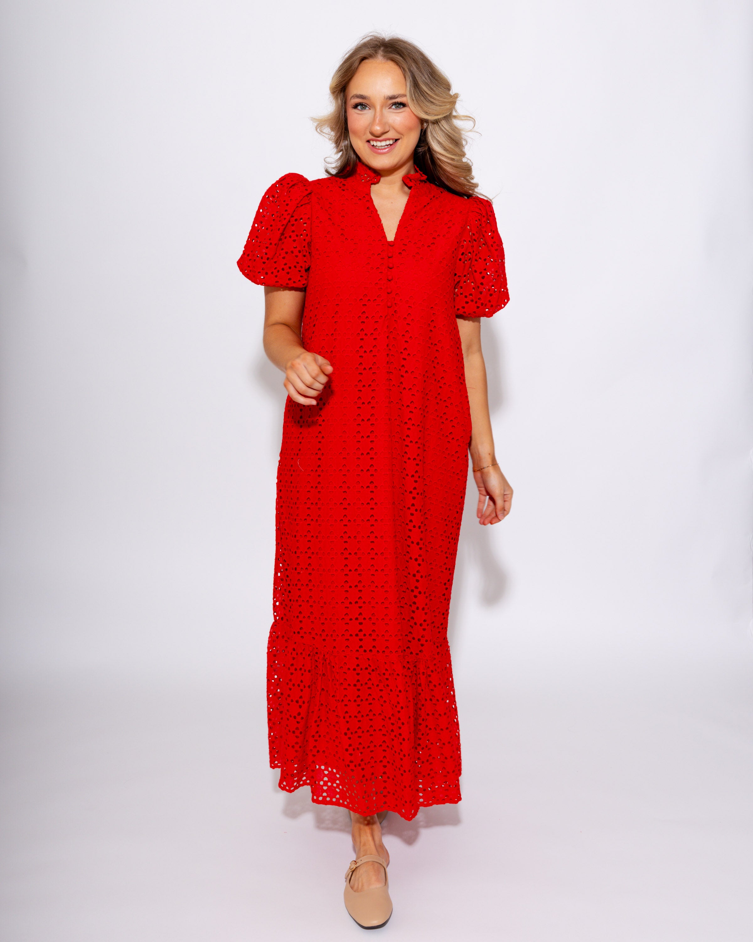 Ruffled Neck Eyelet Midi Dress in Red