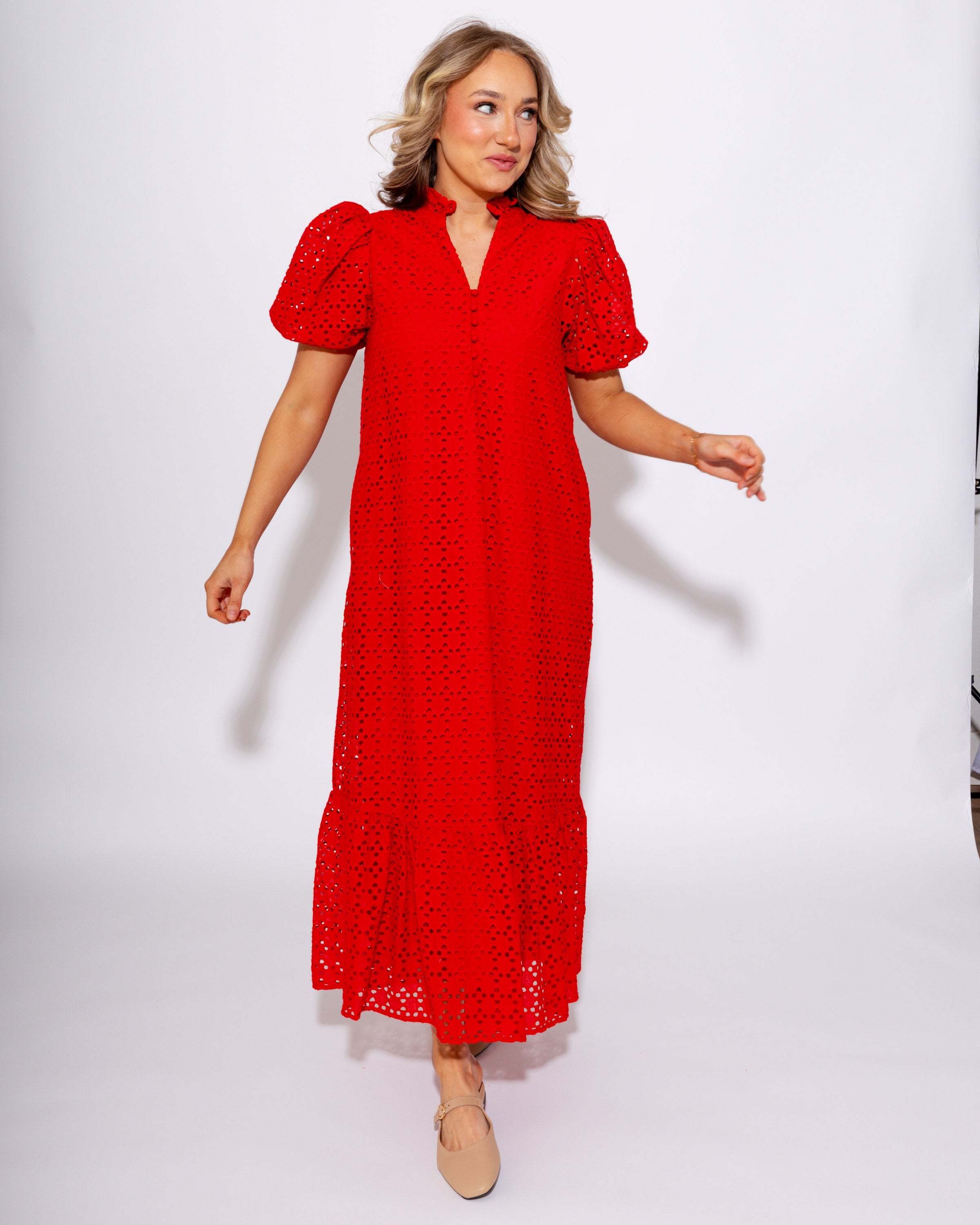 Ruffled Neck Eyelet Midi Dress in Red