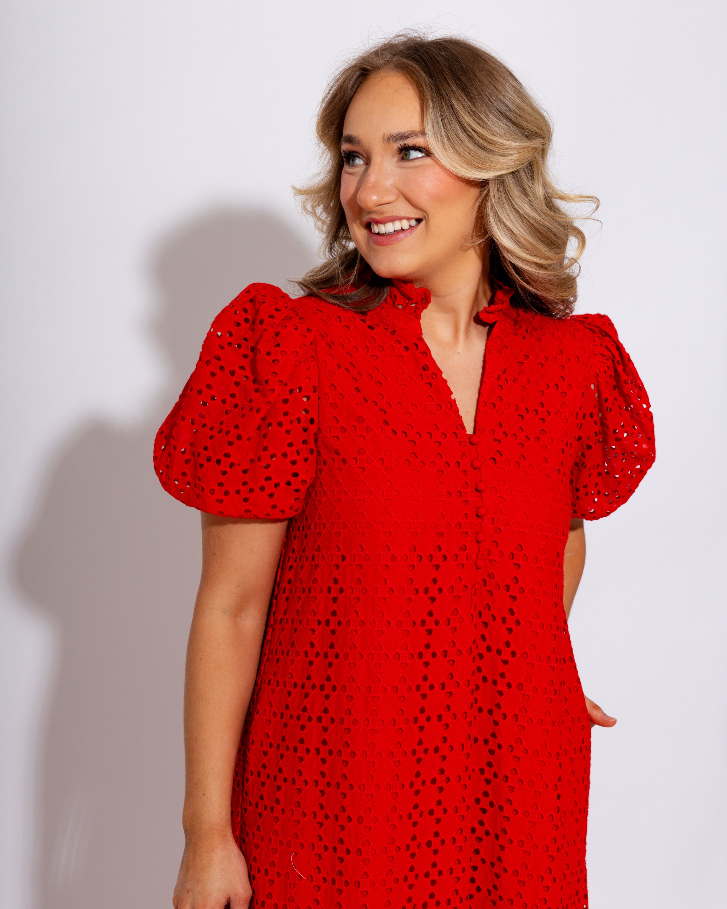 Ruffled Neck Eyelet Midi Dress in Red