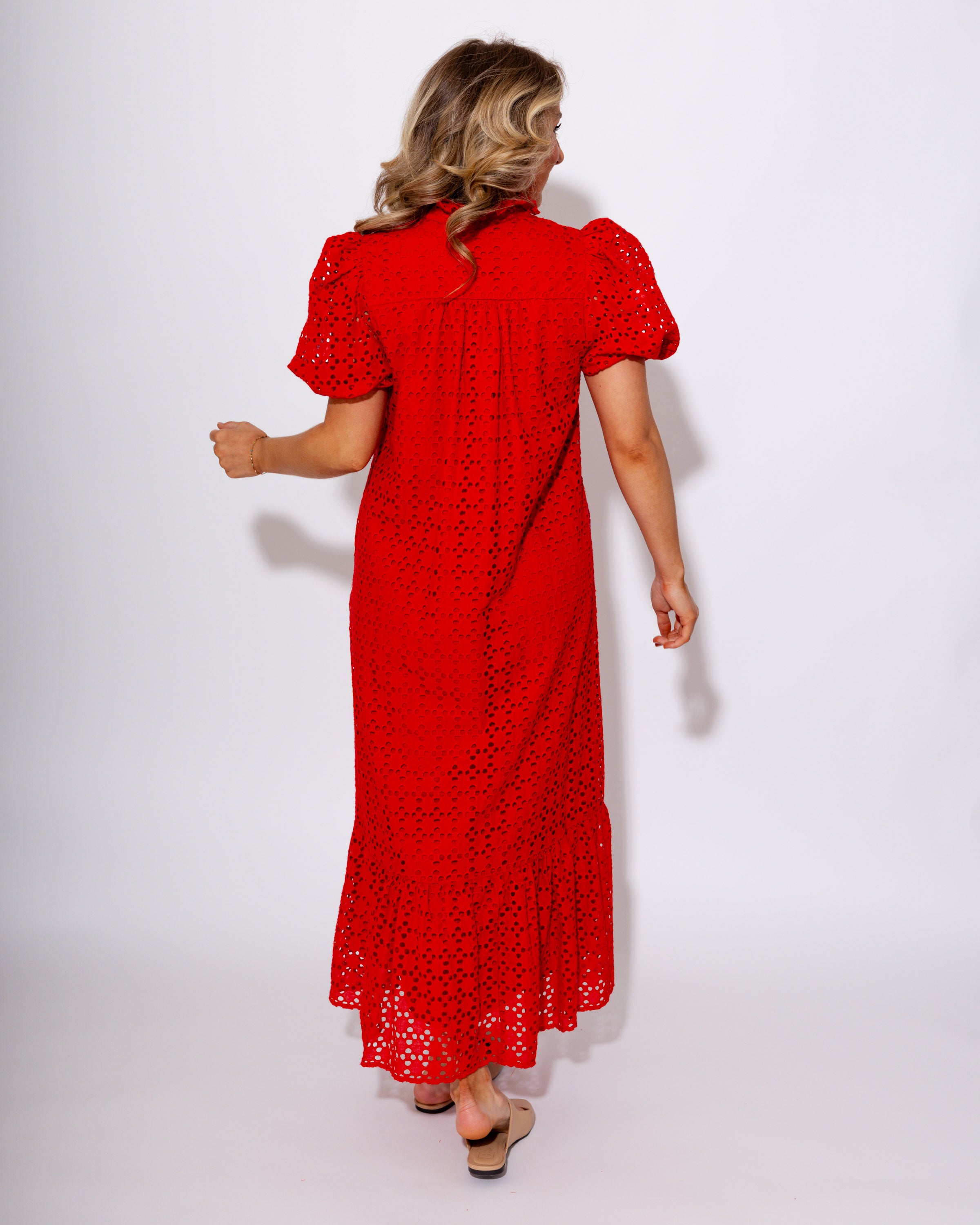 Ruffled Neck Eyelet Midi Dress in Red