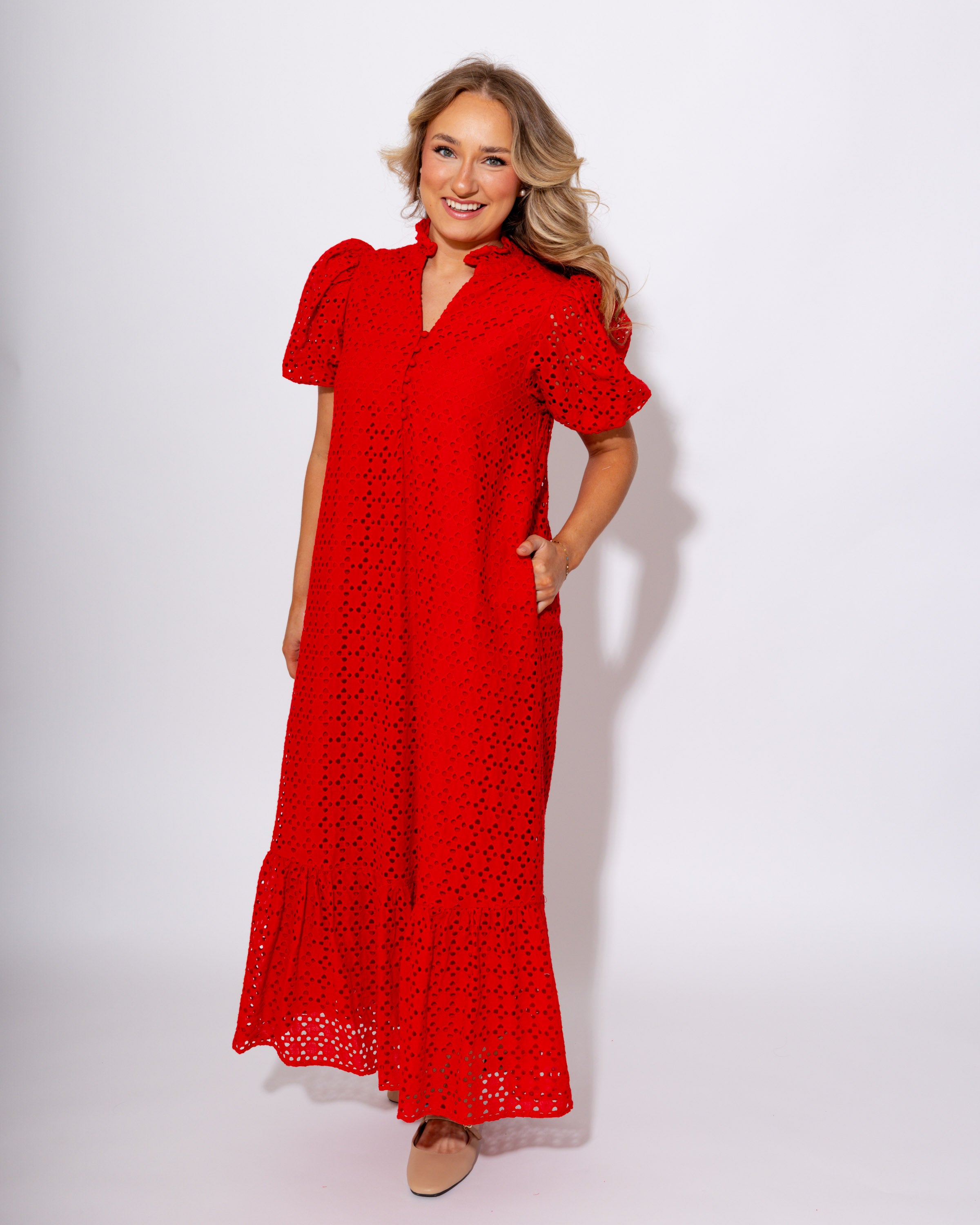 Ruffled Neck Eyelet Midi Dress in Red