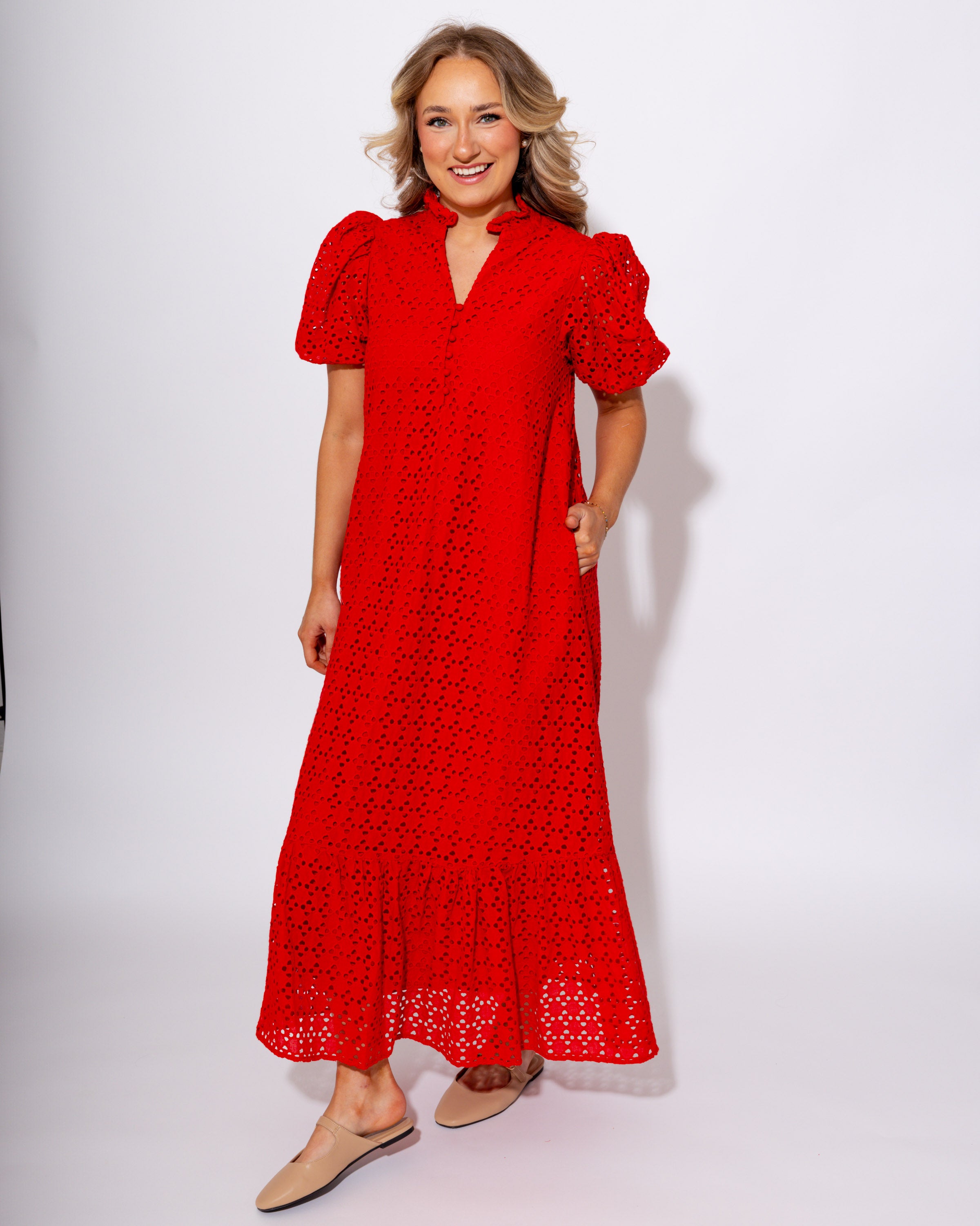 Ruffled Neck Eyelet Midi Dress in Red