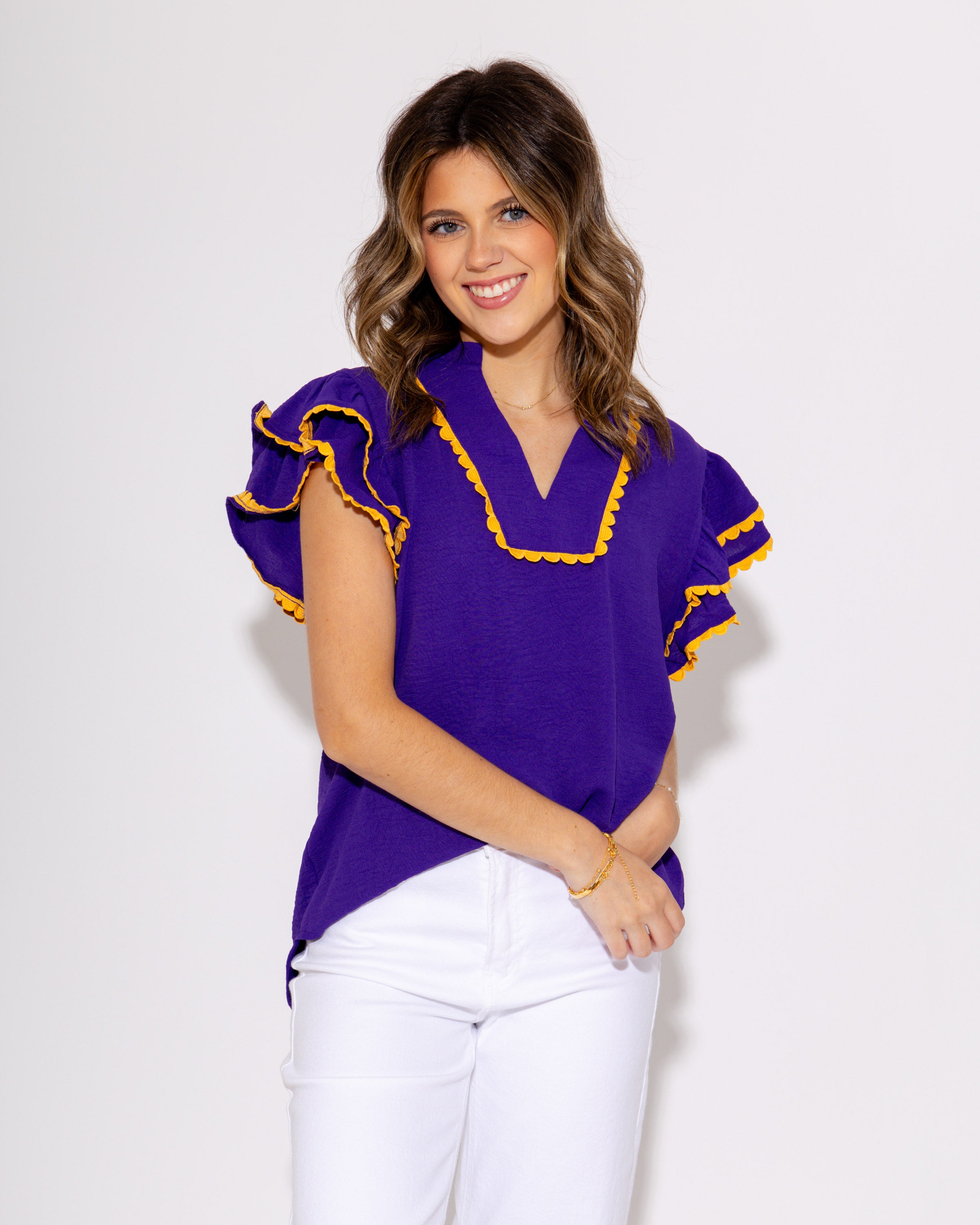 Team Spirit Ruffle Scallop Top in Purple/Yellow