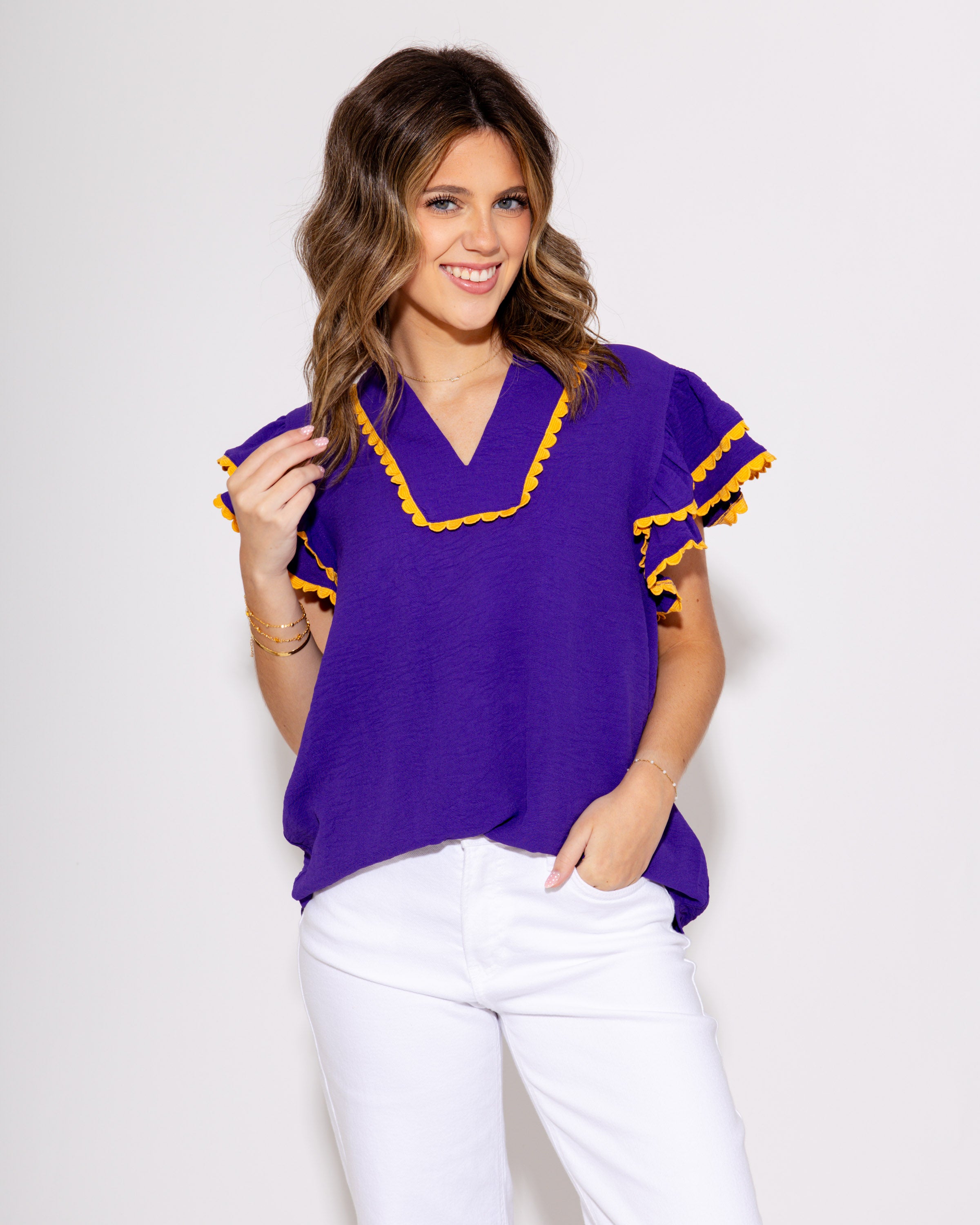 Team Spirit Ruffle Scallop Top in Purple/Yellow