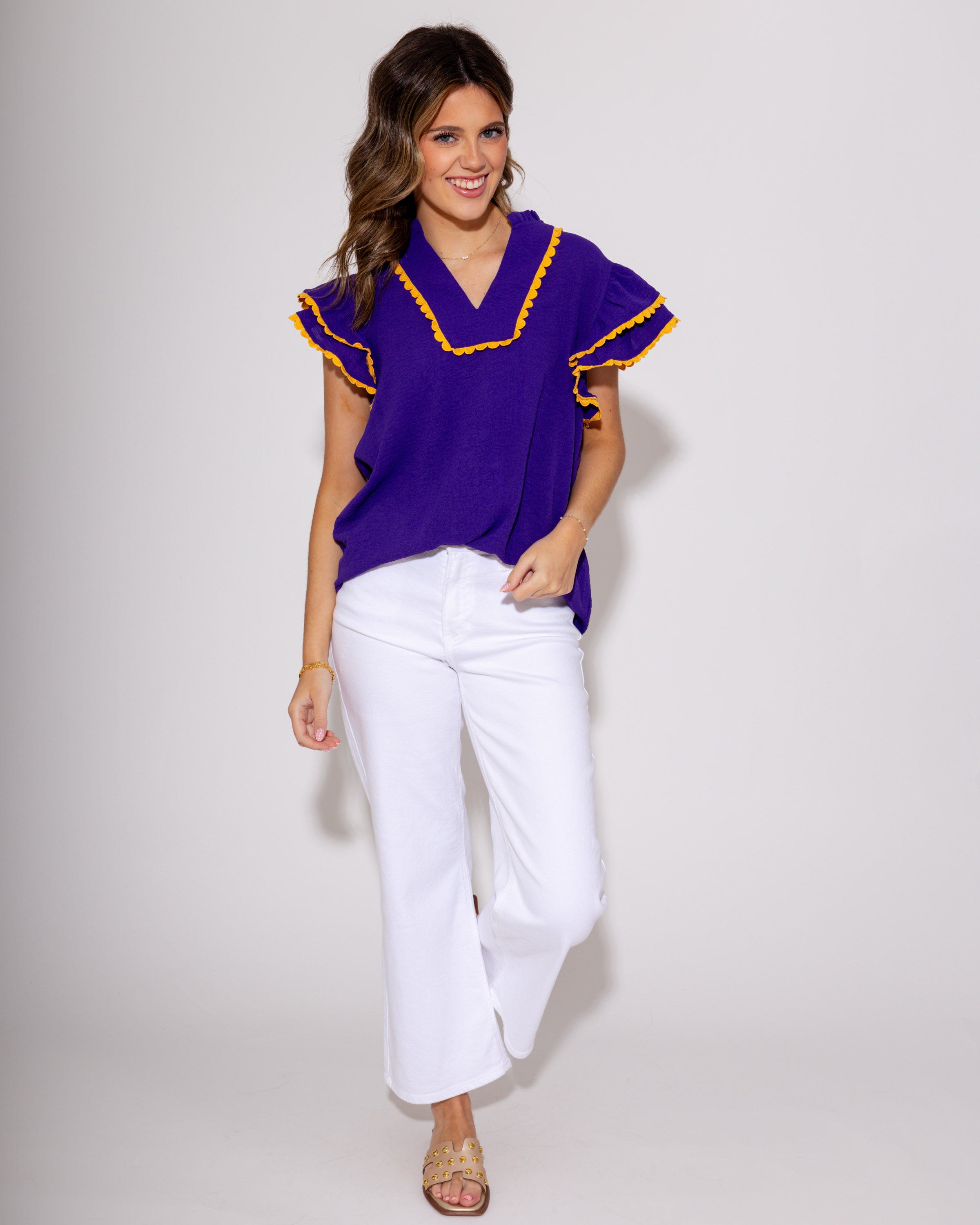 Team Spirit Ruffle Scallop Top in Purple/Yellow