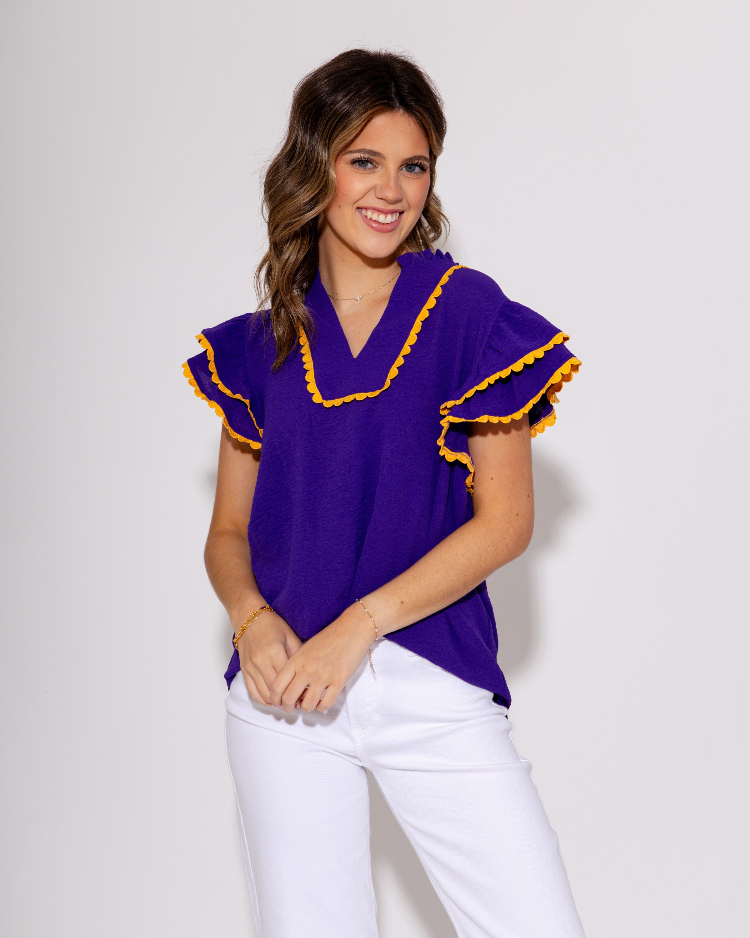 Team Spirit Ruffle Scallop Top in Purple/Yellow