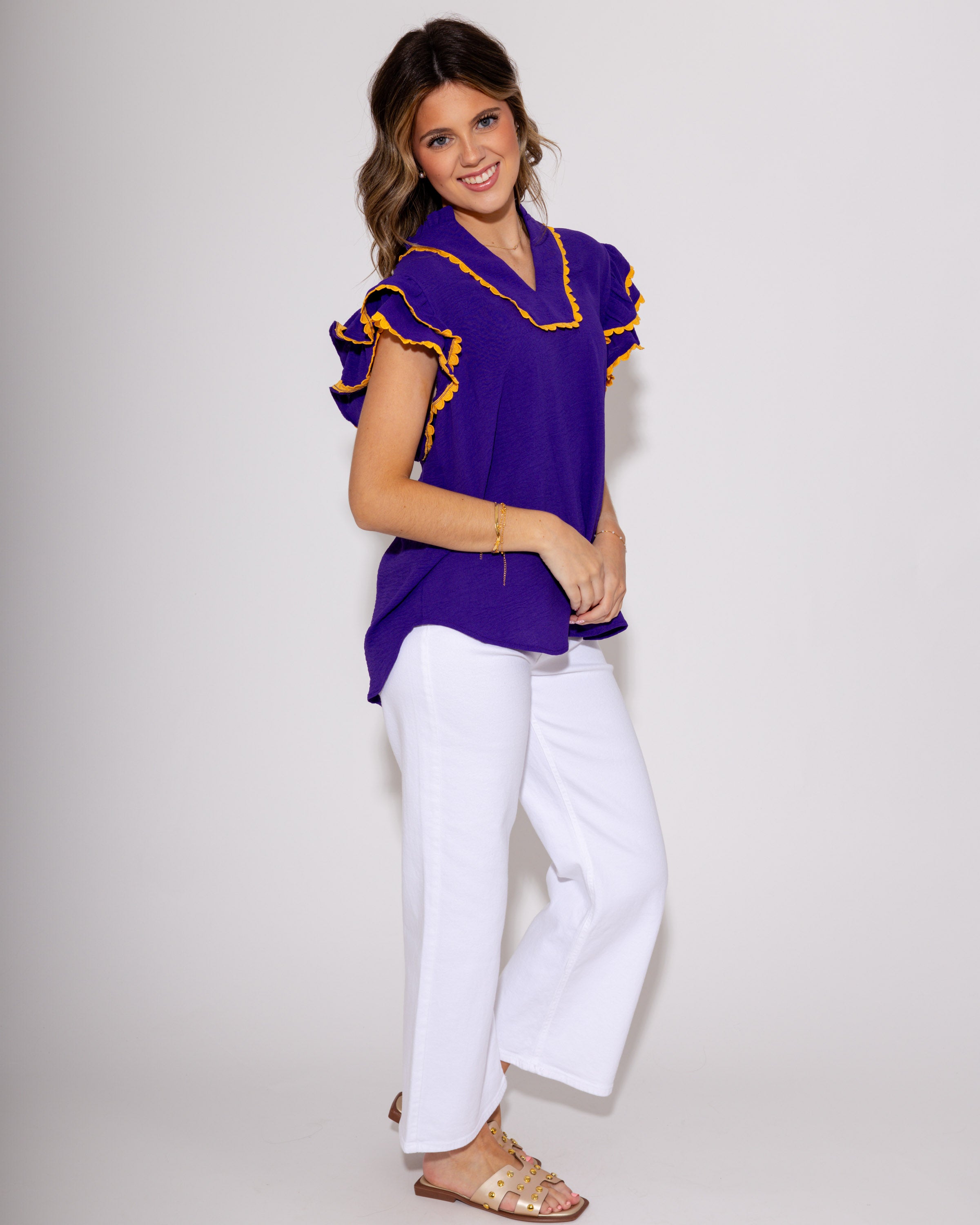 Team Spirit Ruffle Scallop Top in Purple/Yellow