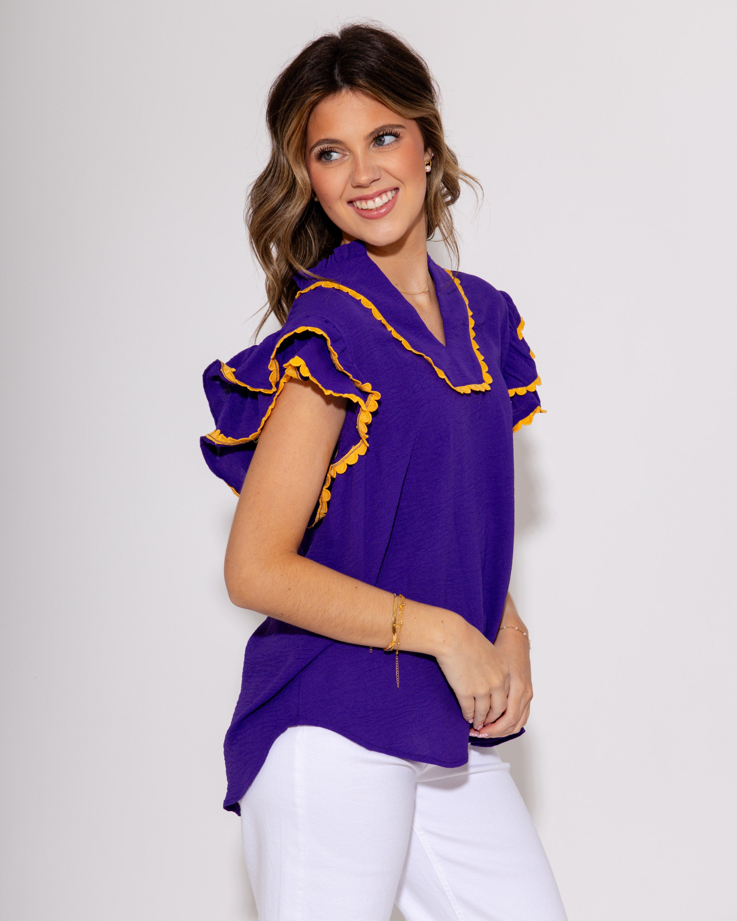 Team Spirit Ruffle Scallop Top in Purple/Yellow