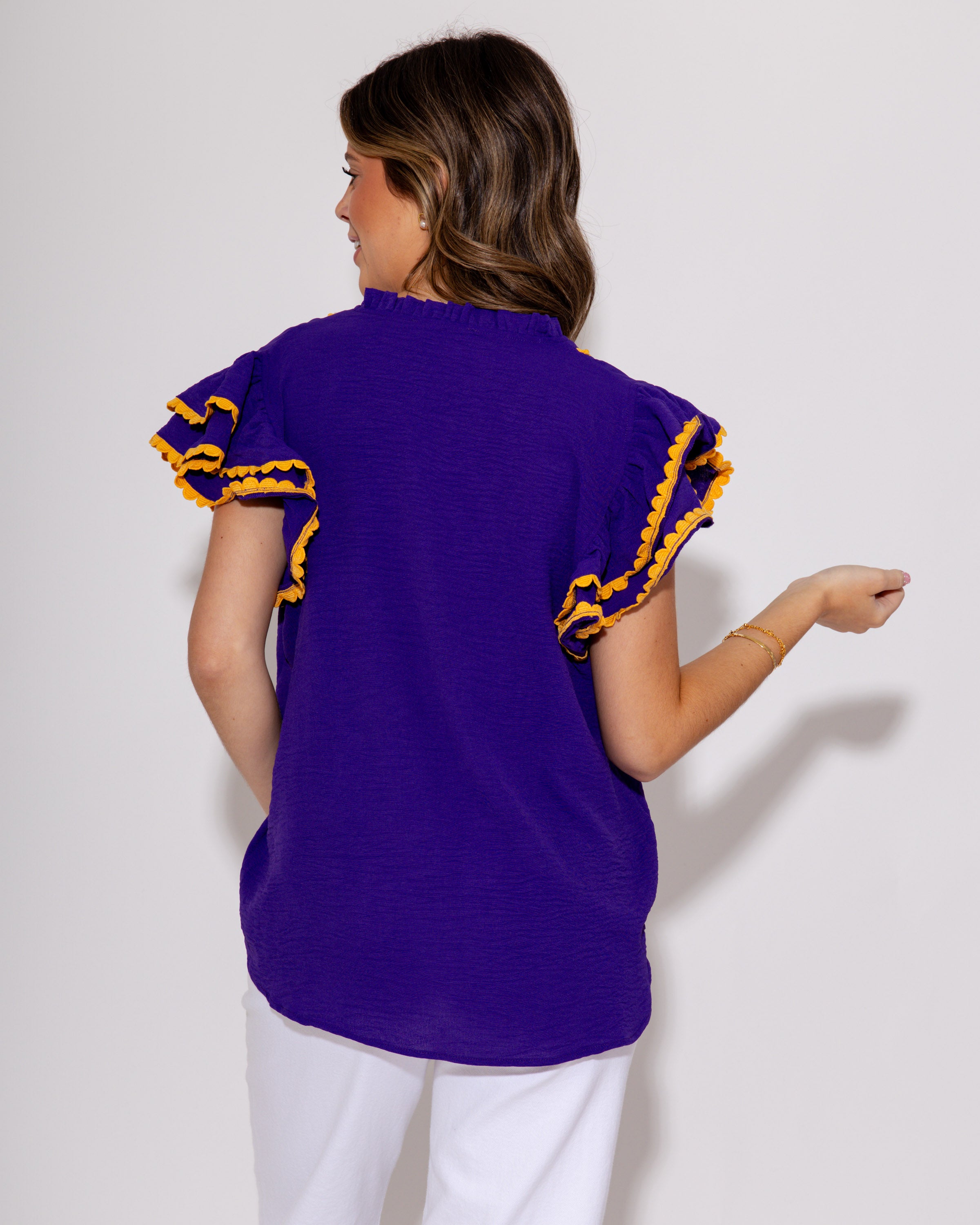 Team Spirit Ruffle Scallop Top in Purple/Yellow