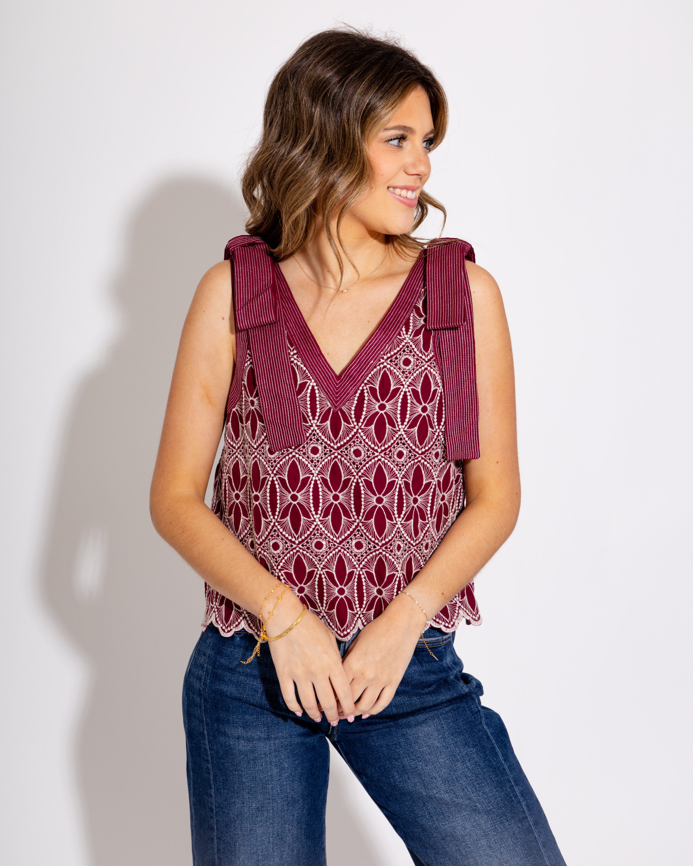Floral Motif Bow Strap Top in Burgundy