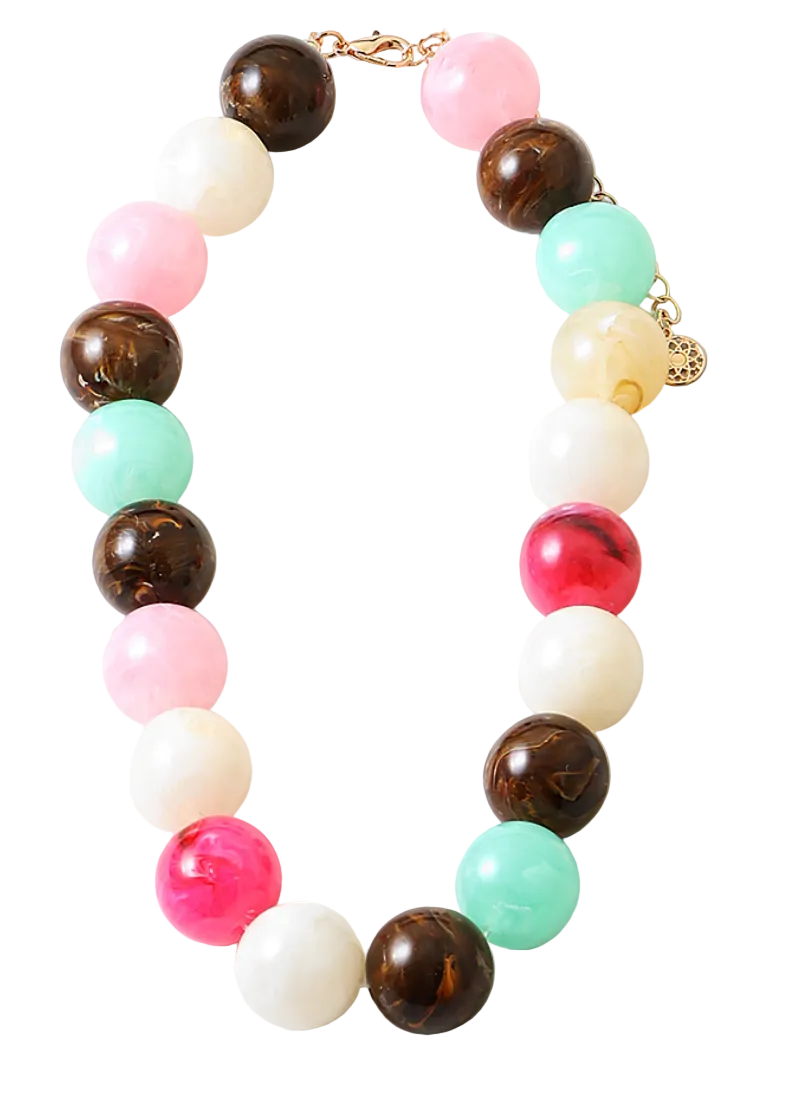 Statement Bead Necklace - Multi/Pink and Brown