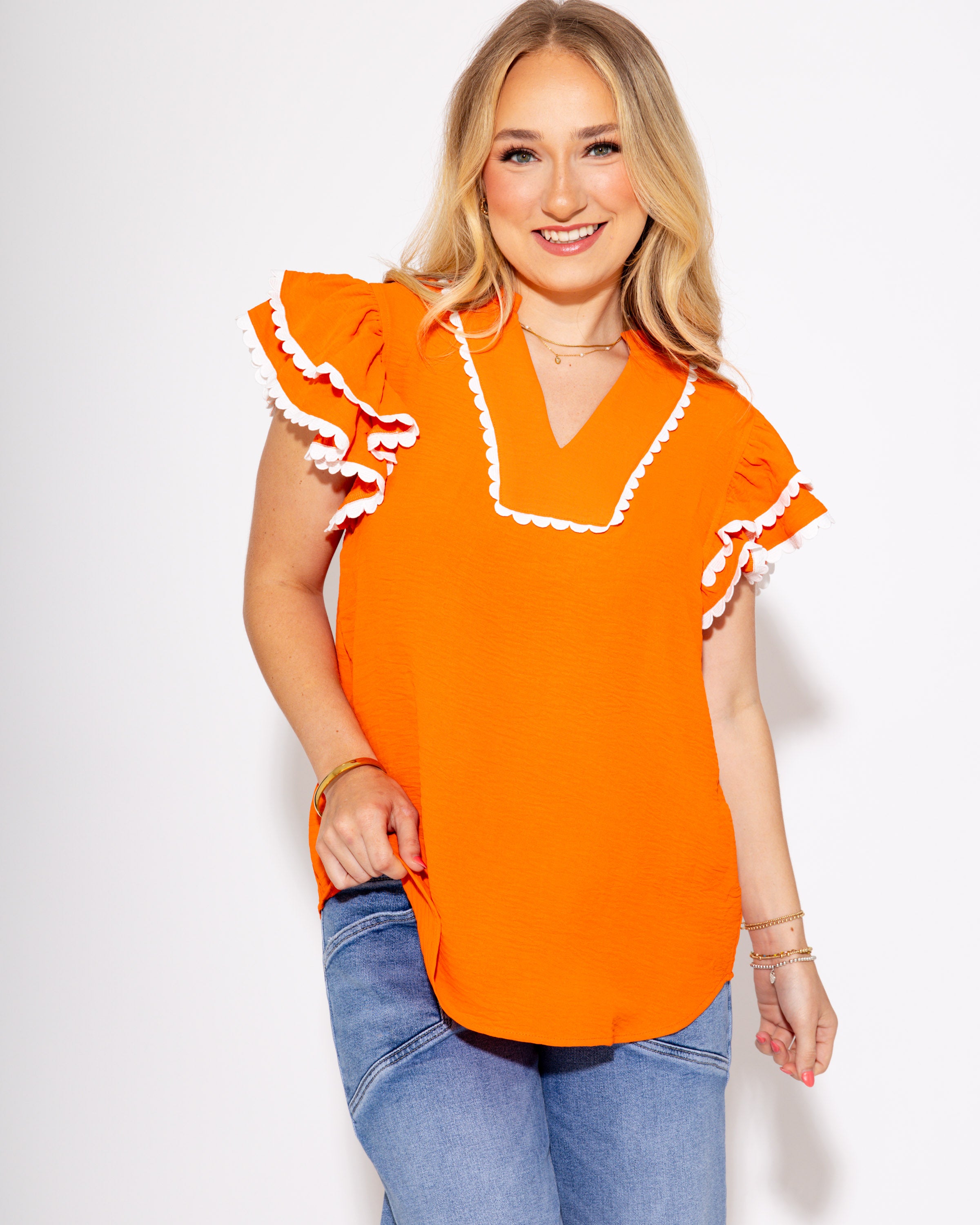 Team Spirit Ruffle Scallop Top in Orange