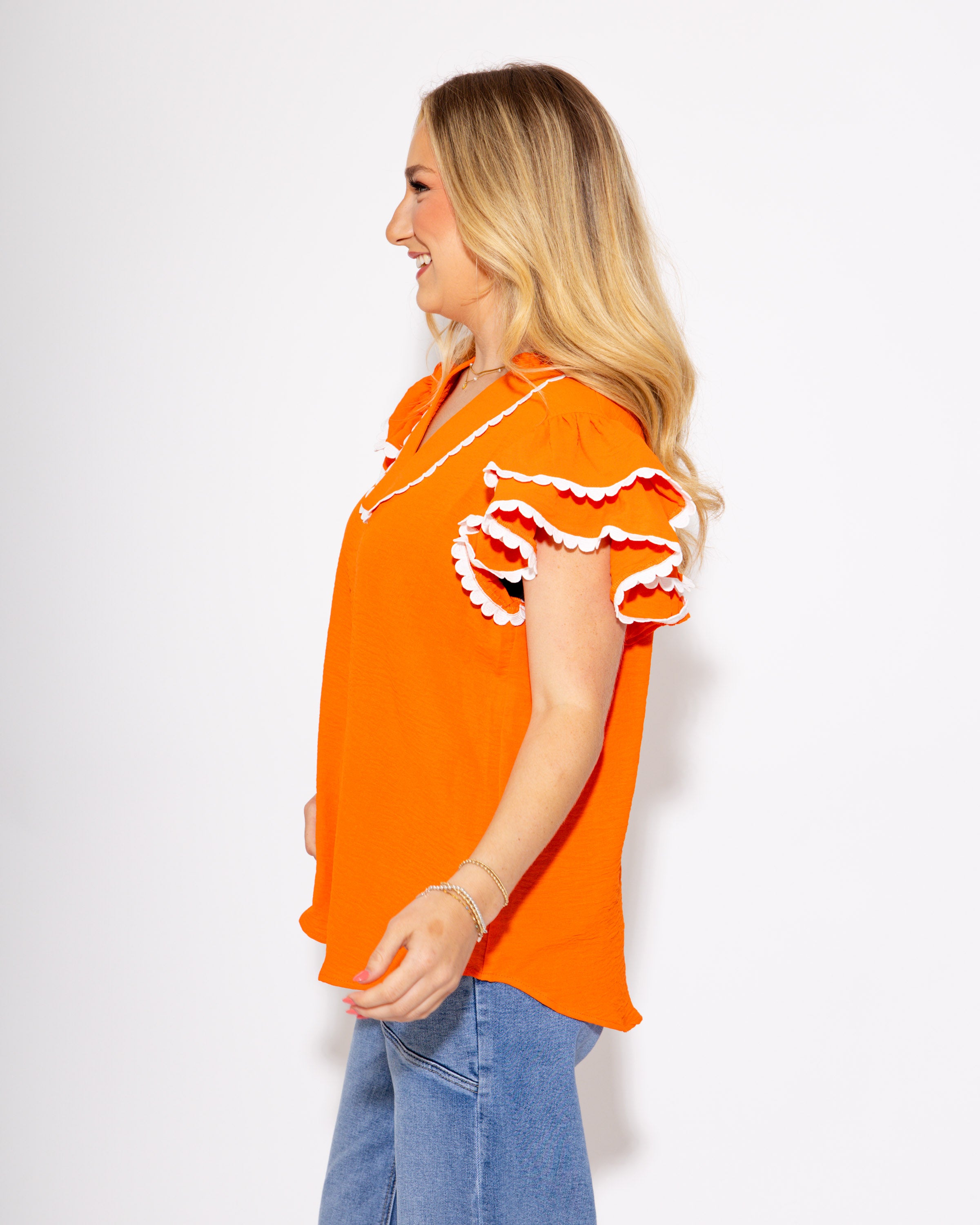 Team Spirit Ruffle Scallop Top in Orange