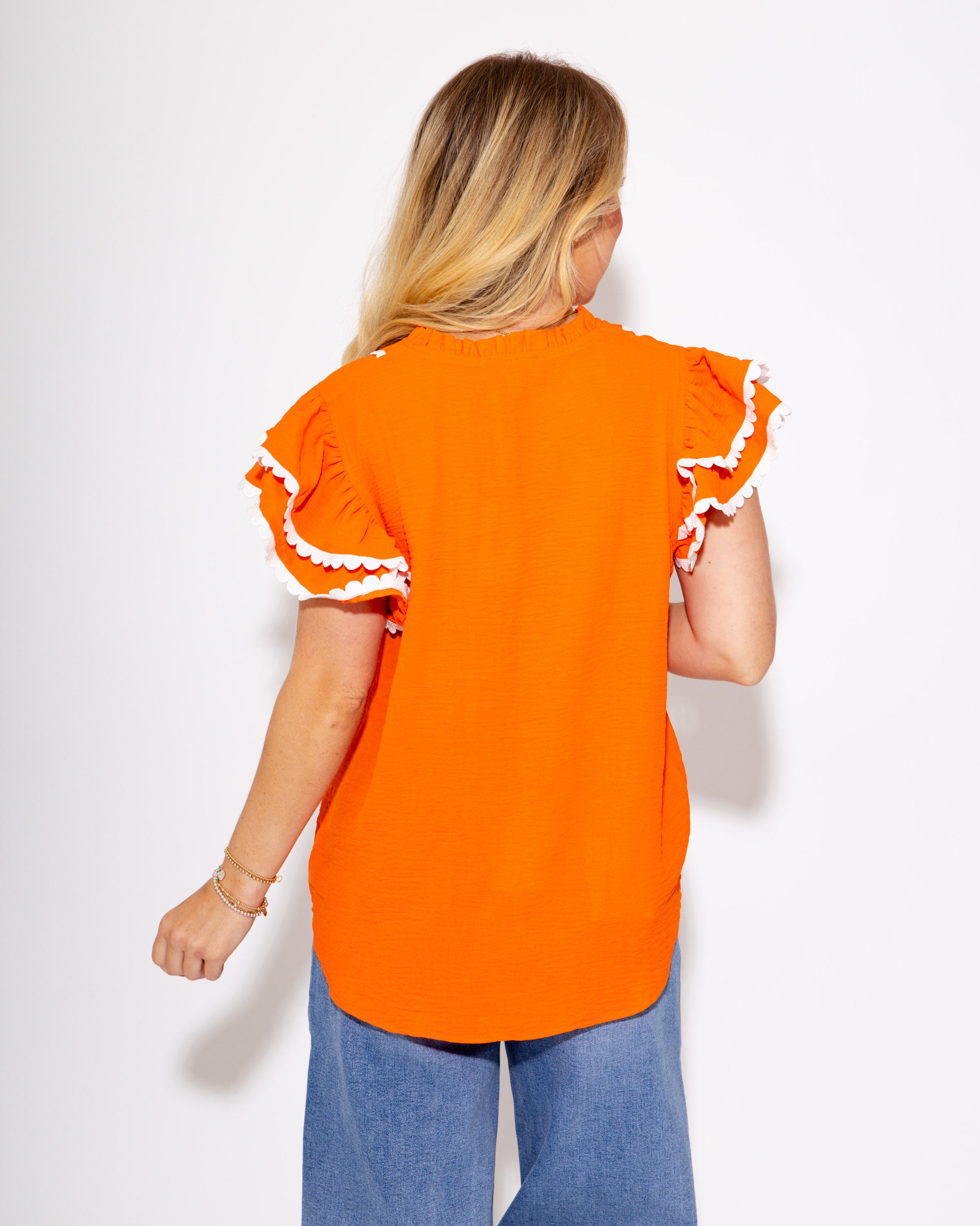 Team Spirit Ruffle Scallop Top in Orange
