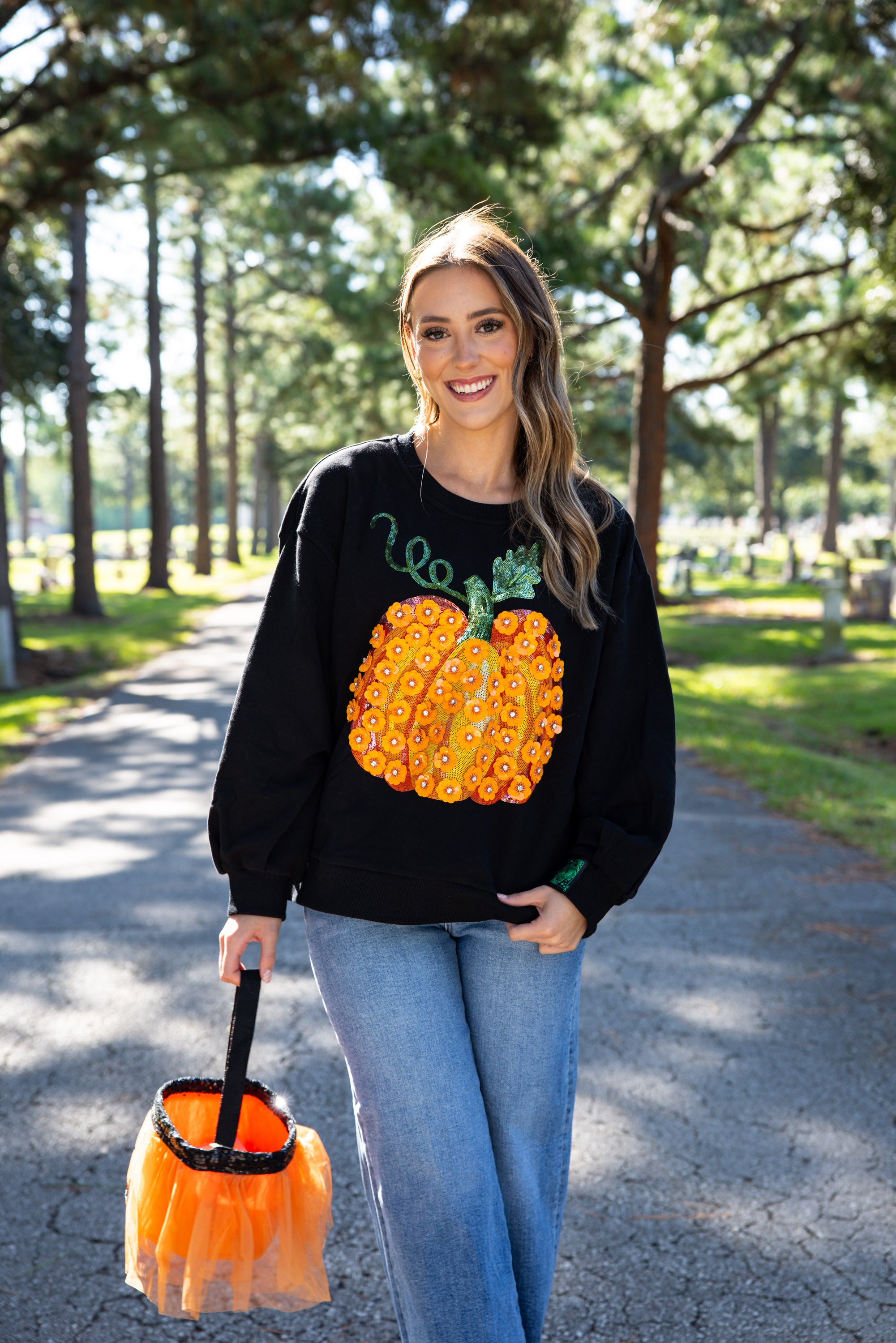 Flower Sequin Pumpkin Sweatshirt