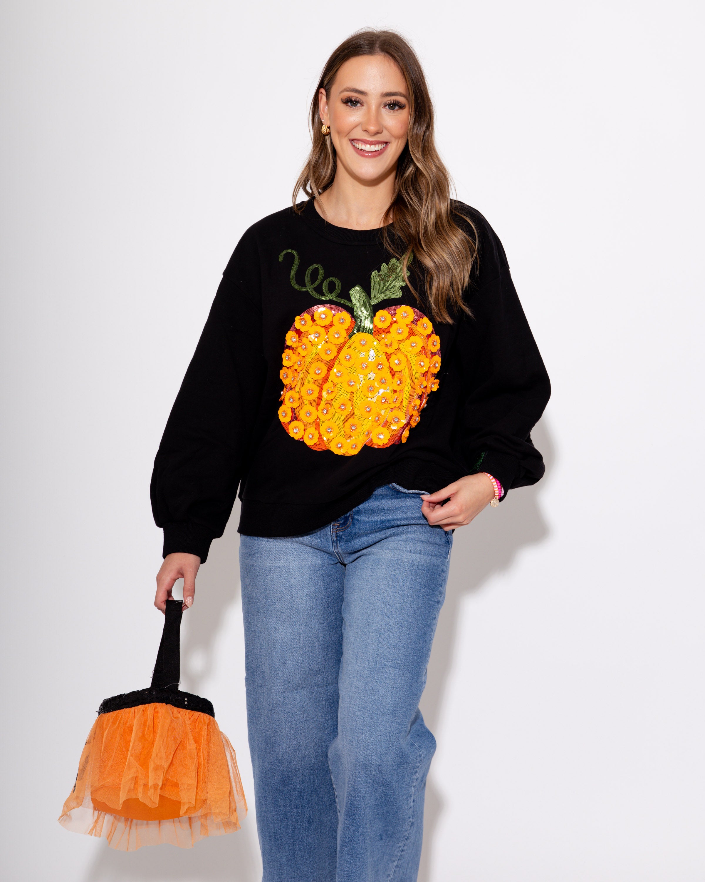 Flower Sequin Pumpkin Sweatshirt