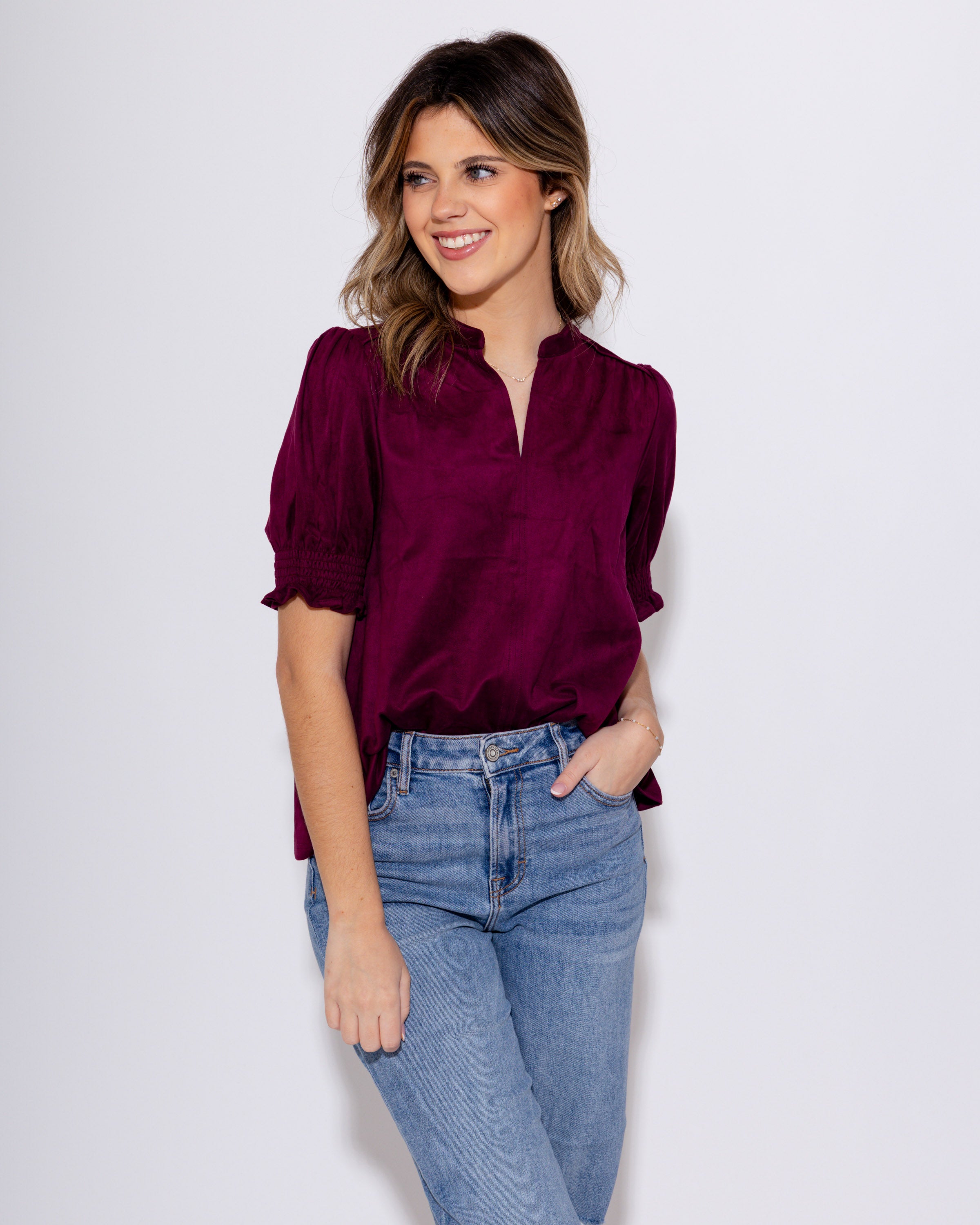 Ivy Jane | Suede Puff Sleeve Top in Wine