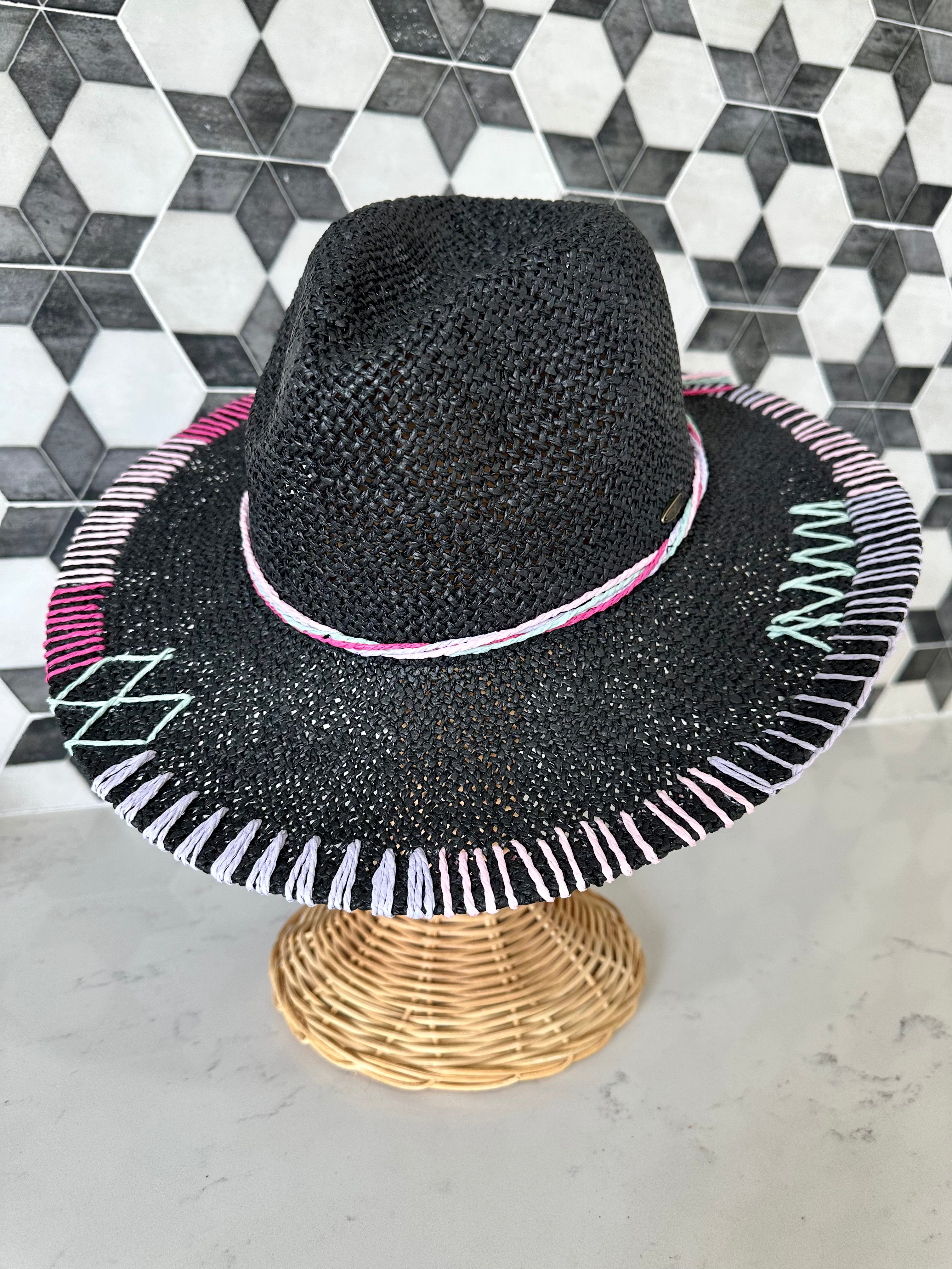 Multi Color Stitch Panama Hat in Black