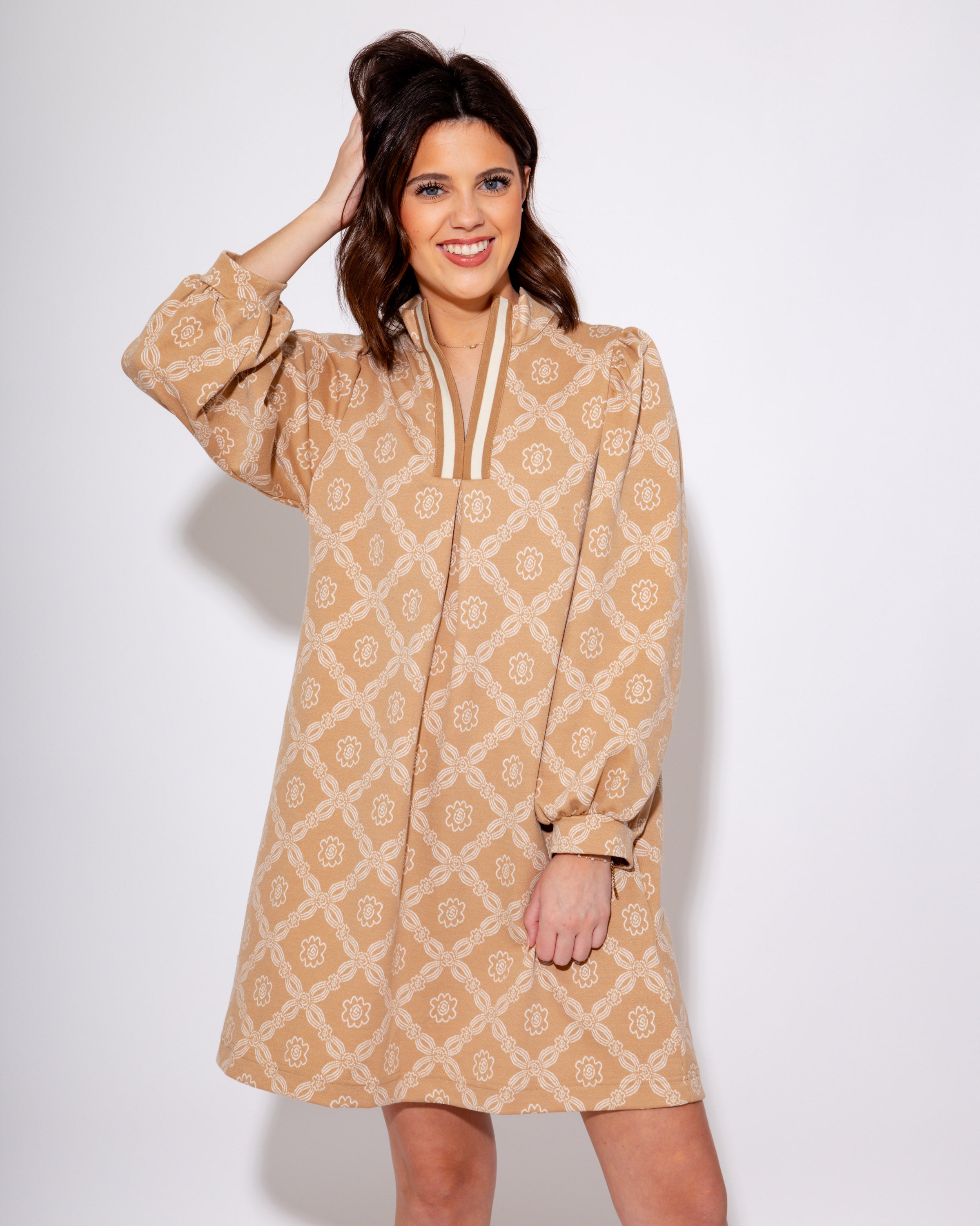 Geometric Charm Mini Dress in Latte