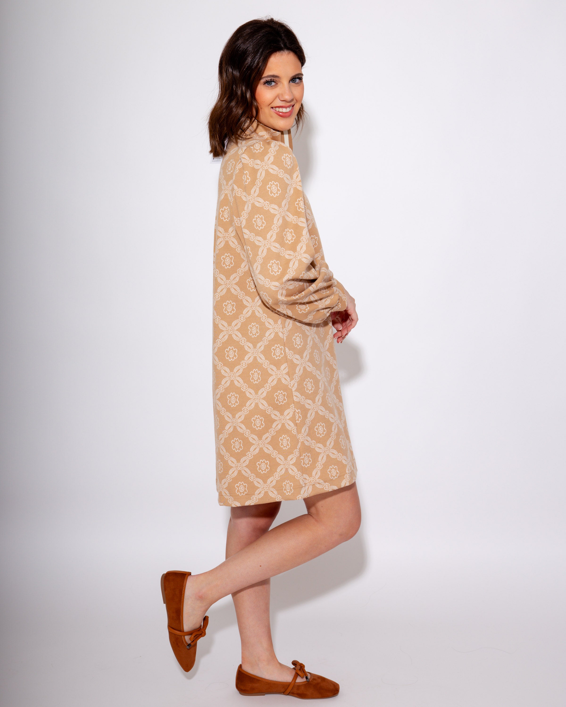 Geometric Charm Mini Dress in Latte