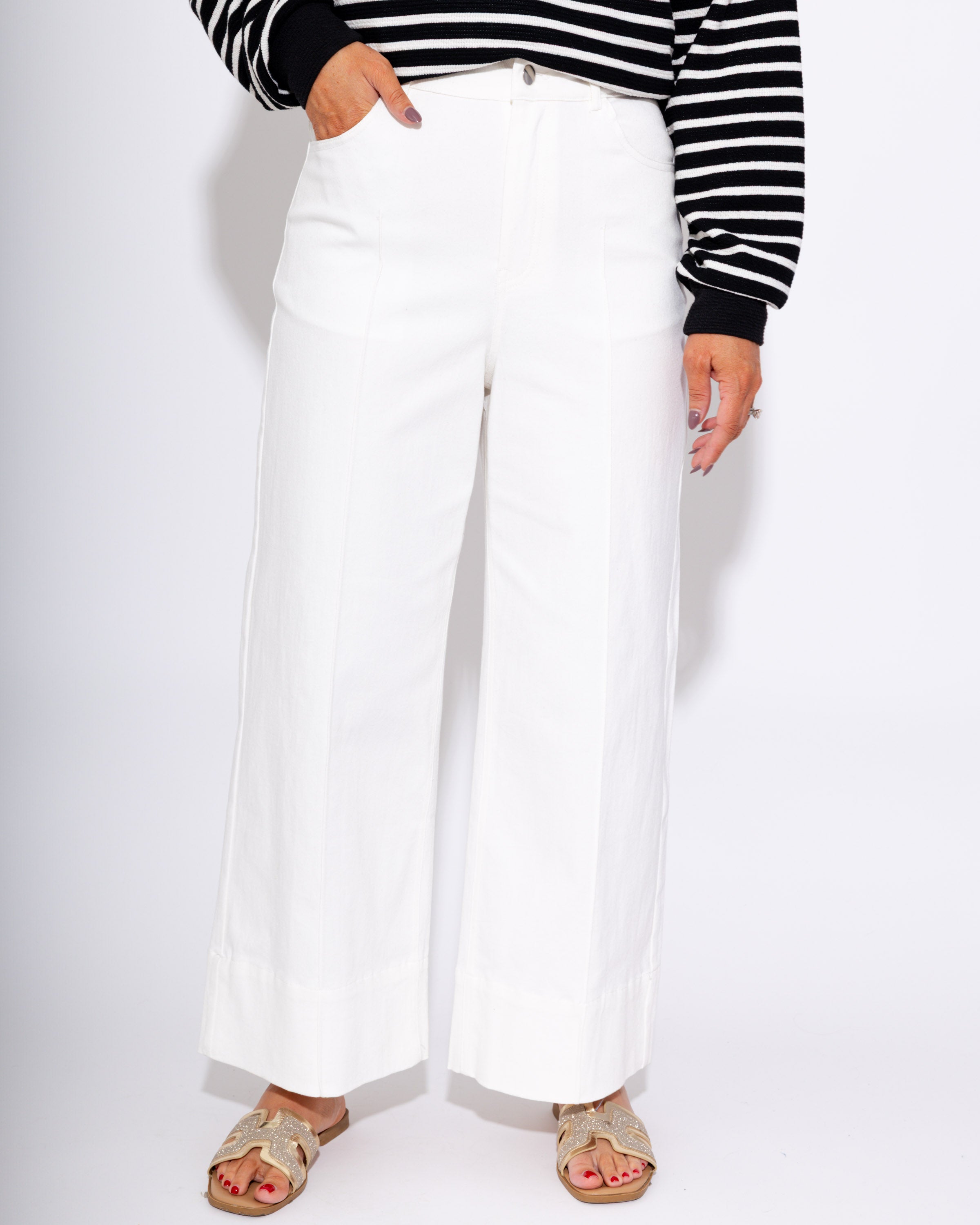 Mid Rise Wide Leg Cuff Ankle Length Pants