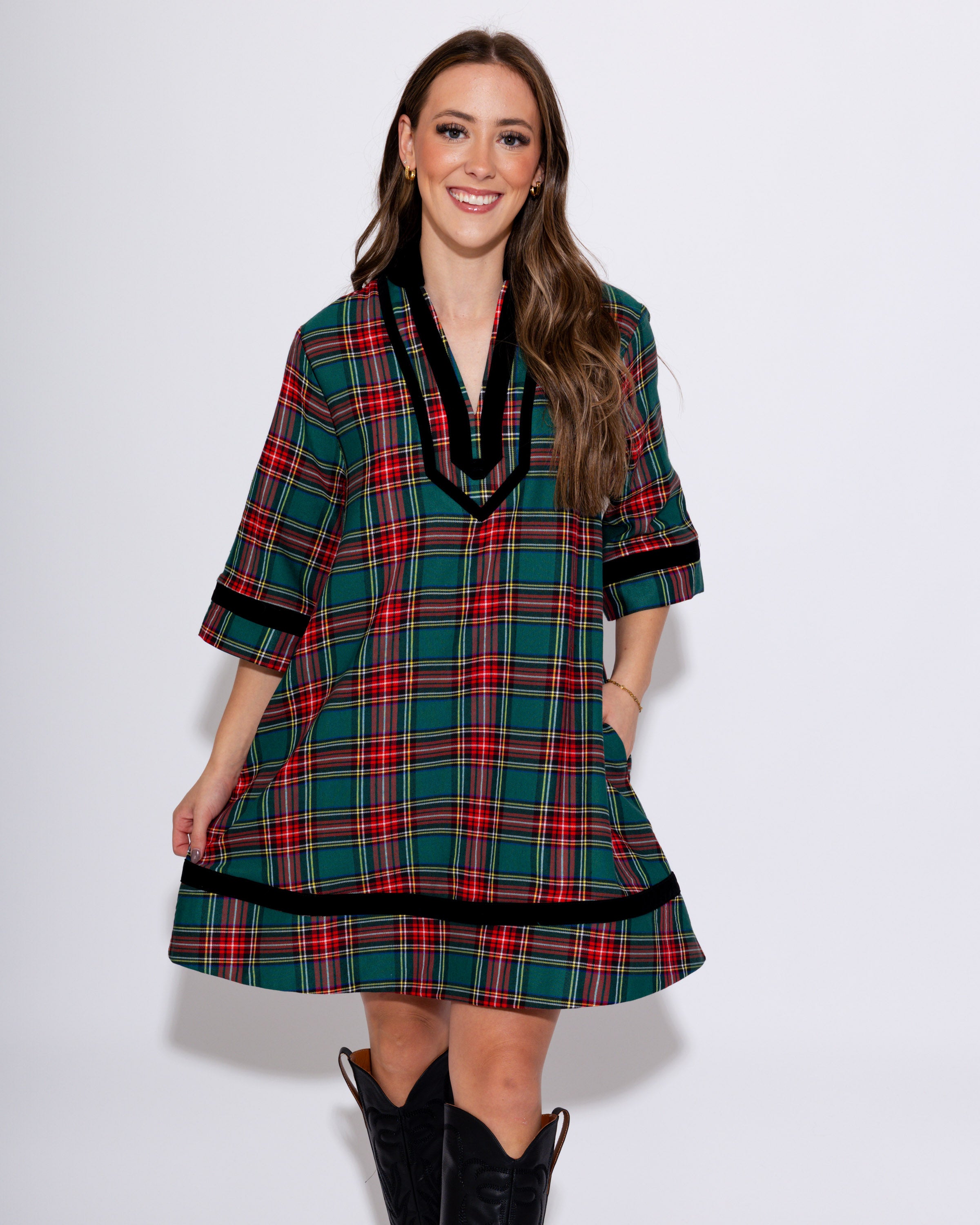Velvet Trim Plaid Mini in Green