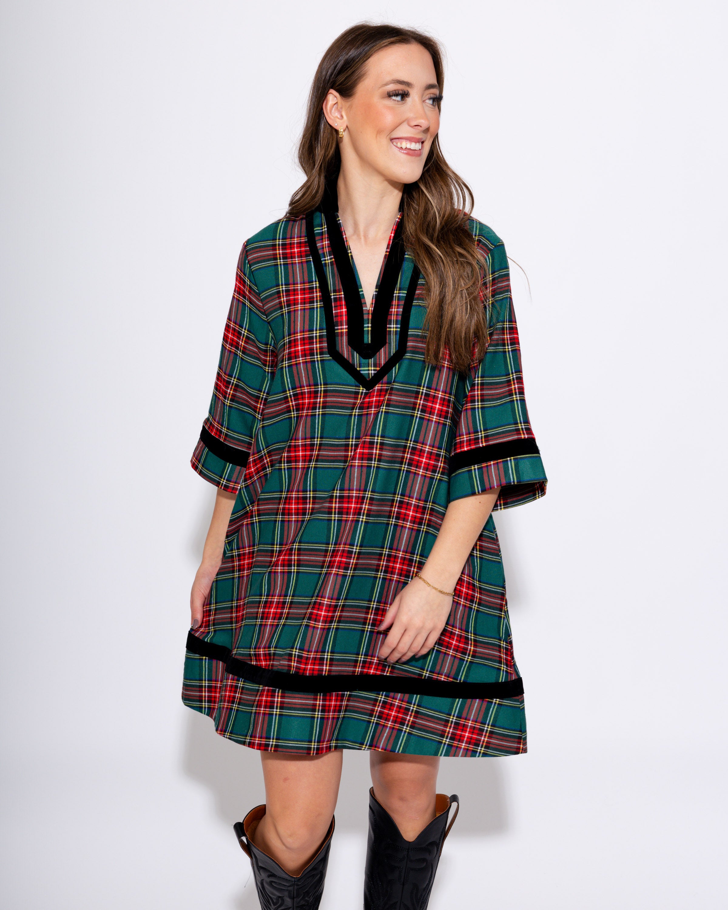 Velvet Trim Plaid Mini in Green