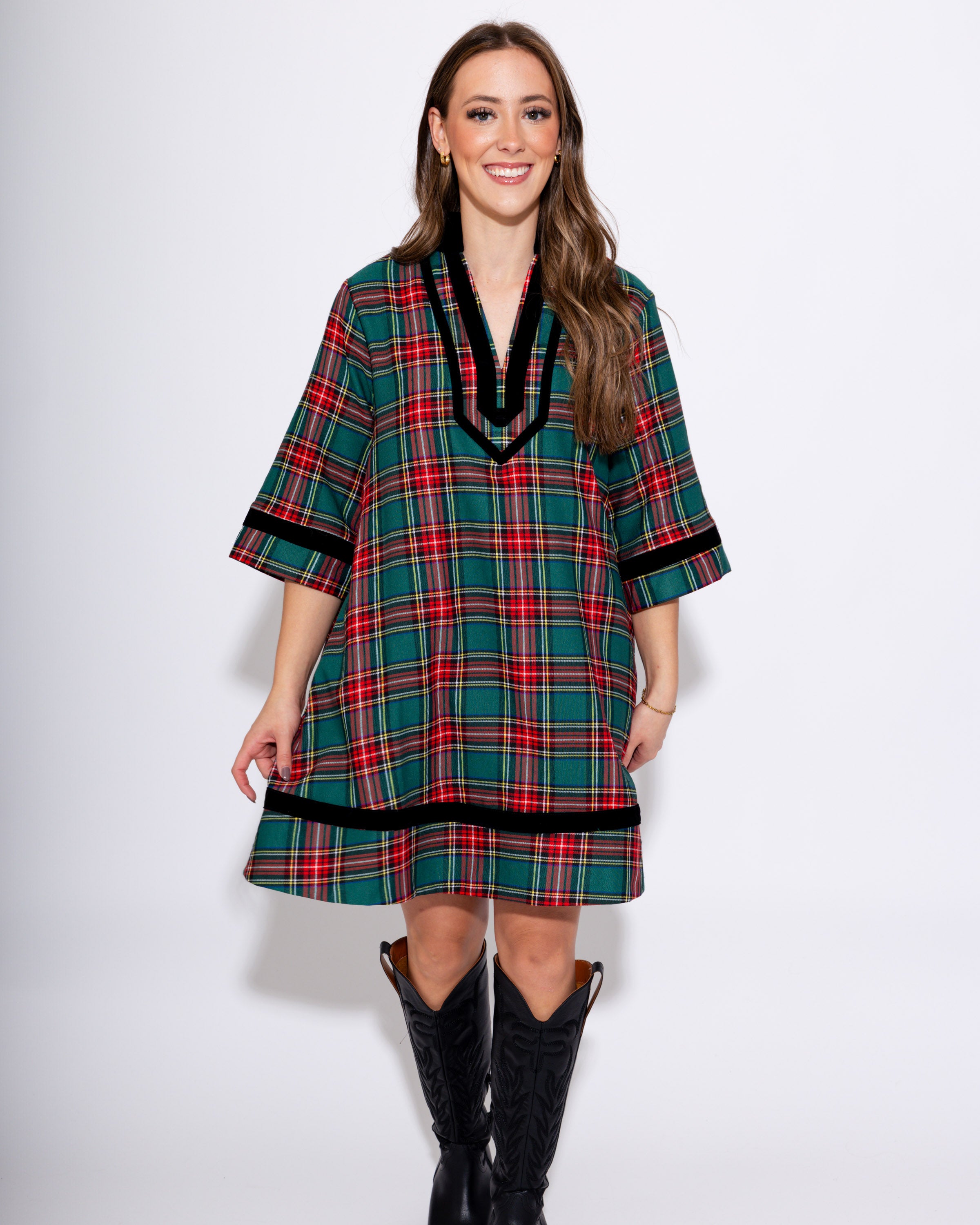 Velvet Trim Plaid Mini in Green